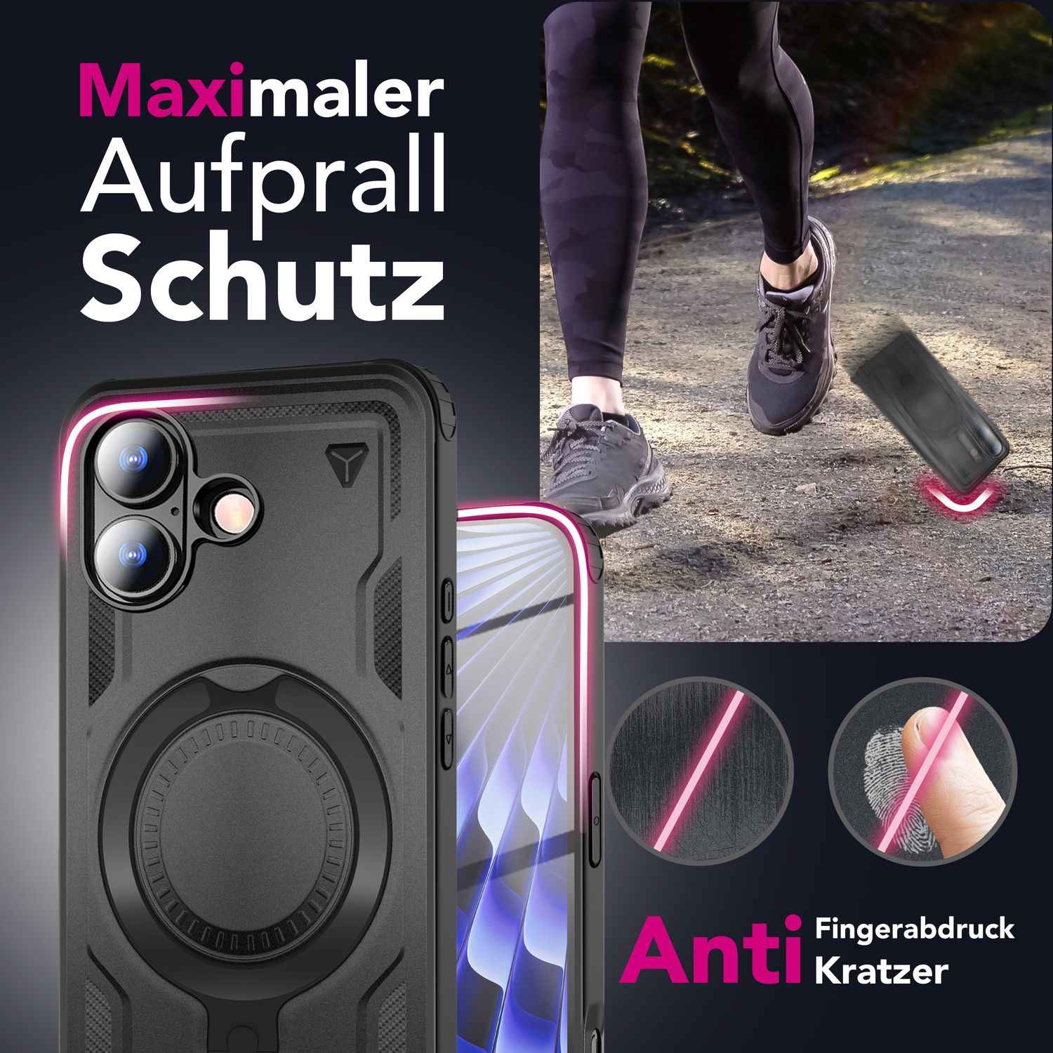 NALIA MagSafe Hülle Stormguard für Apple iPhone 17 (Unzerstörbare Panzerhülle) - Stoßfeste Outdoor Schutzhülle mit 360° Ring Ständer, Armor Case, Fallschutz Cover - Vulkanschwarz