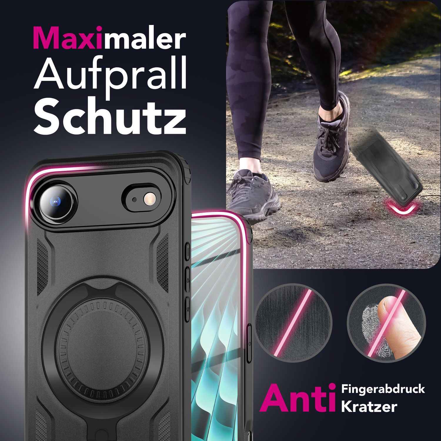 NALIA MagSafe Hülle Stormguard für Apple iPhone 17 Air (Unzerstörbare Panzerhülle), Schlagfester Aufprallschutz, Military Hardcase mit 360° Dreh-Ring, Outdoor Cover - Vulkanschwarz