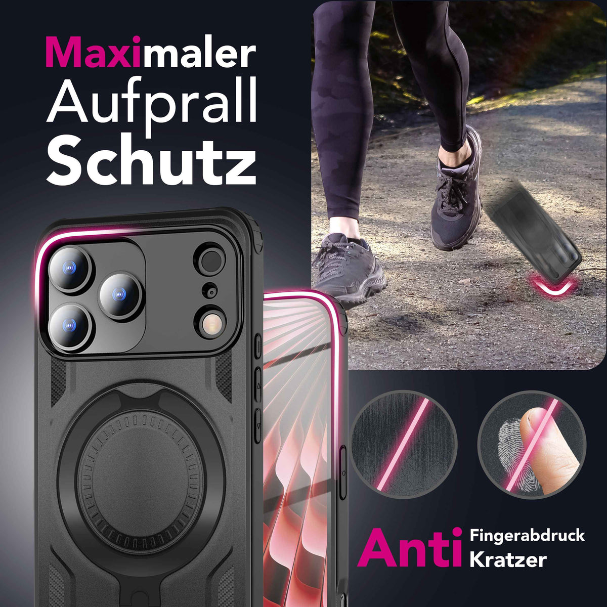 NALIA MagSafe Hülle Stormguard für Apple iPhone 17 Pro (Unzerstörbare Panzerhülle), Verstärkter Fallschutz, Militärisches Hardcase mit 360° Dreh-Ring, Armor Cover - Vulkanschwarz