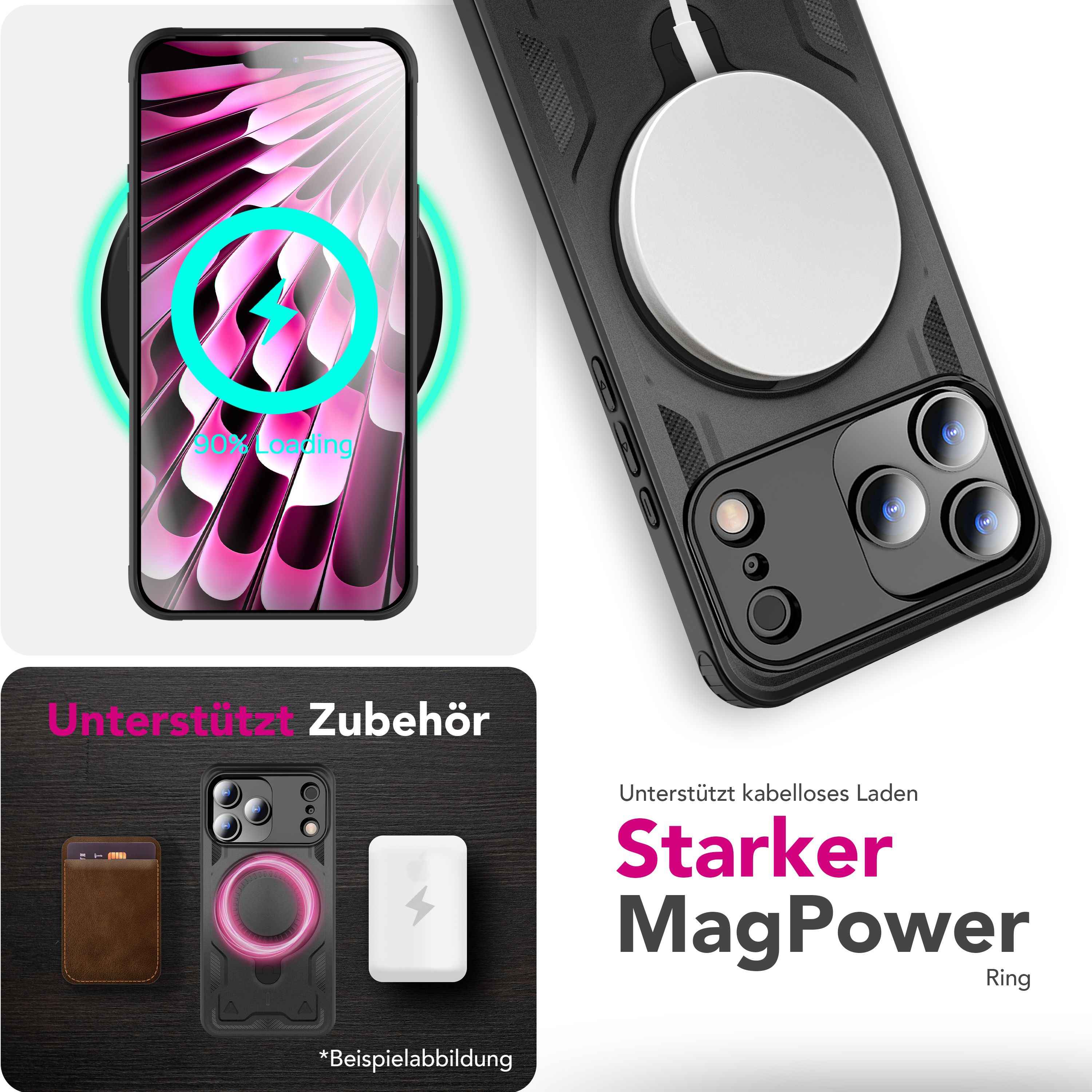 NALIA MagSafe Hülle Stormguard für Apple iPhone 17 Pro Max (Unzerstörbare Panzerhülle), Stoßfestes Armor Hardcase mit 360° Ring-Halter, Outdoor Militär Schutzhülle - Vulkanschwarz