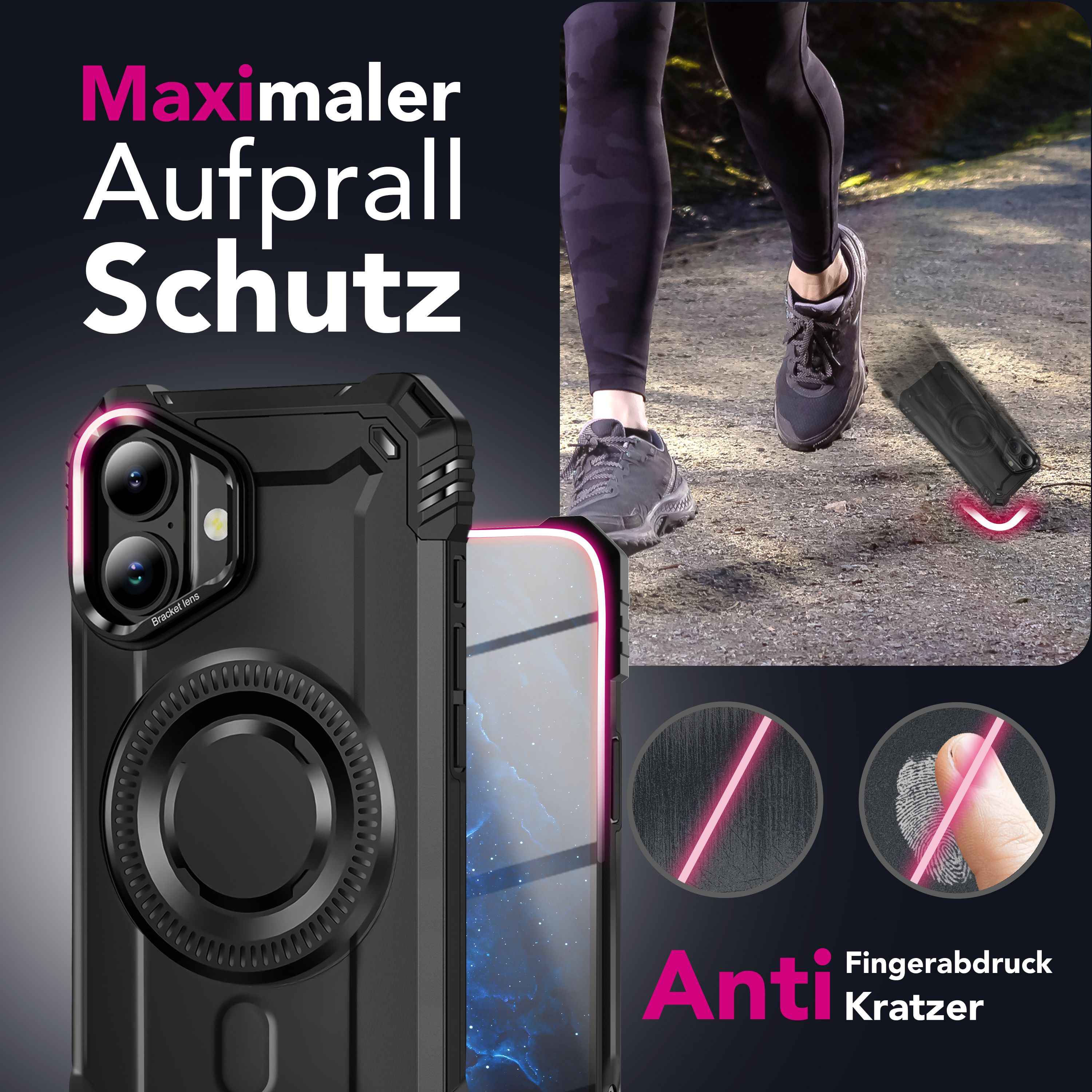 NALIA MagSafe Hülle Granite für Apple iPhone 17 (Militär-Panzer) - Stoßfestes Armor Case, Robuste Schutzhülle mit Kickstand, Heavy Duty Cover, Aufprallschutz - Vulkanschwarz