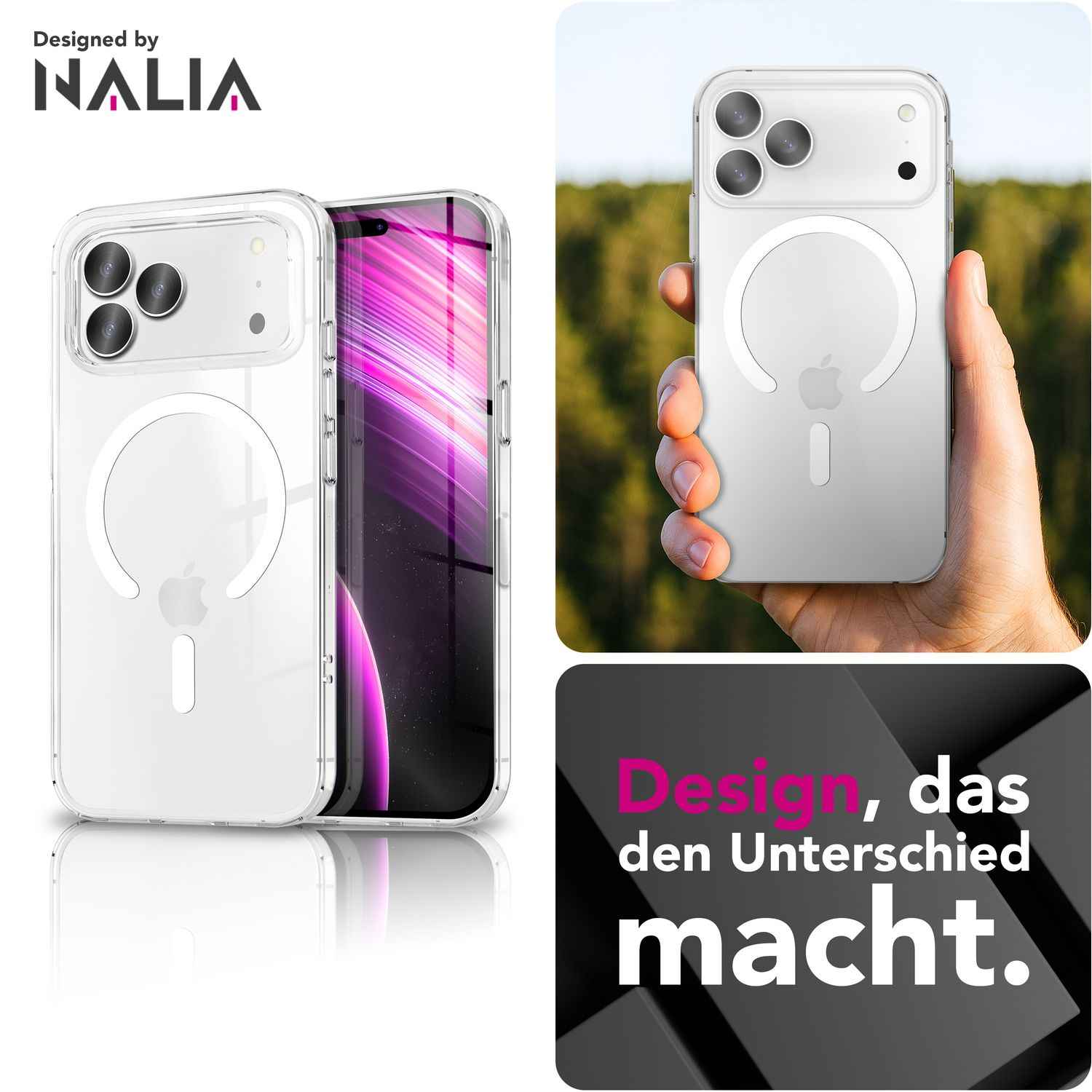 NALIA MagSafe Hülle Lumex für Apple iPhone 17 Pro Max (Kristallklar mit MagPower) - Transparentes Cover mit Magnet-Ring, Schlankes PC-Case & TPU-Rahmen, Stoßfest, Anti-Gelb, Klar