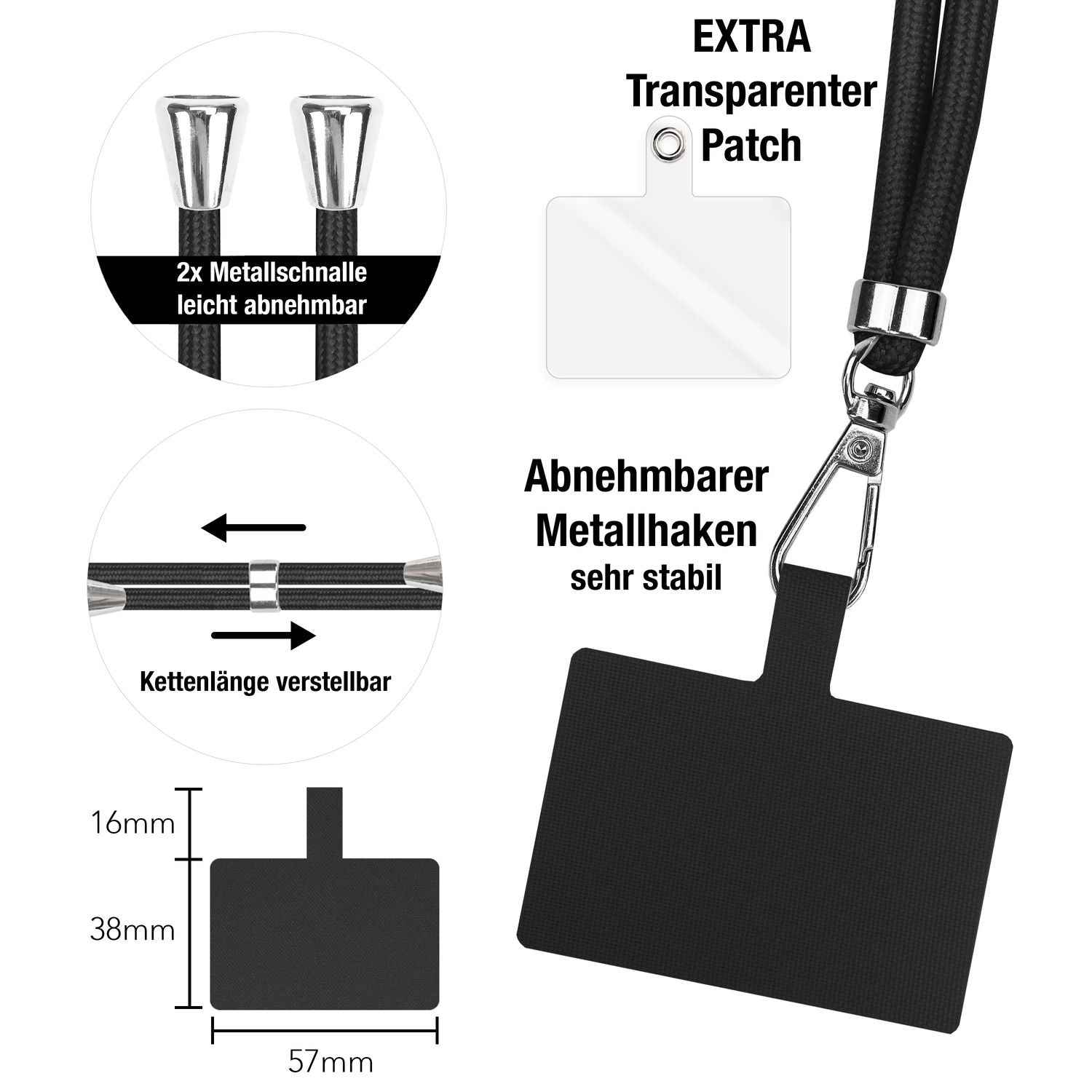 NALIA Universal-Kette mit Pad, Band für Handy-Hülle zum Umhängen, Karabinerhaken aus Metall (silber), Schlüsselband Umhängeband 160 CM, Crossbody Lanyard