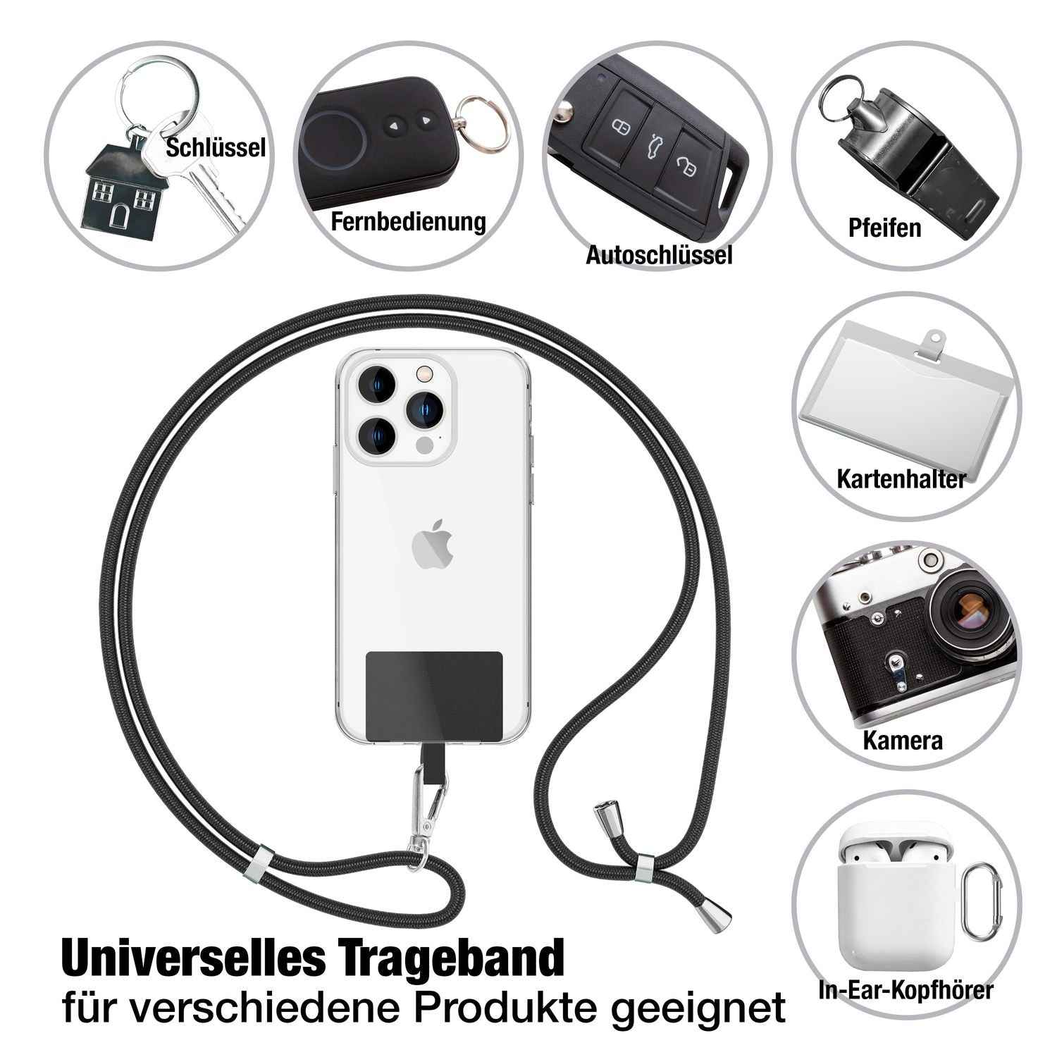 NALIA Universal-Kette mit Pad, Band für Handy-Hülle zum Umhängen, Karabinerhaken aus Metall (silber), Schlüsselband Umhängeband 160 CM, Crossbody Lanyard