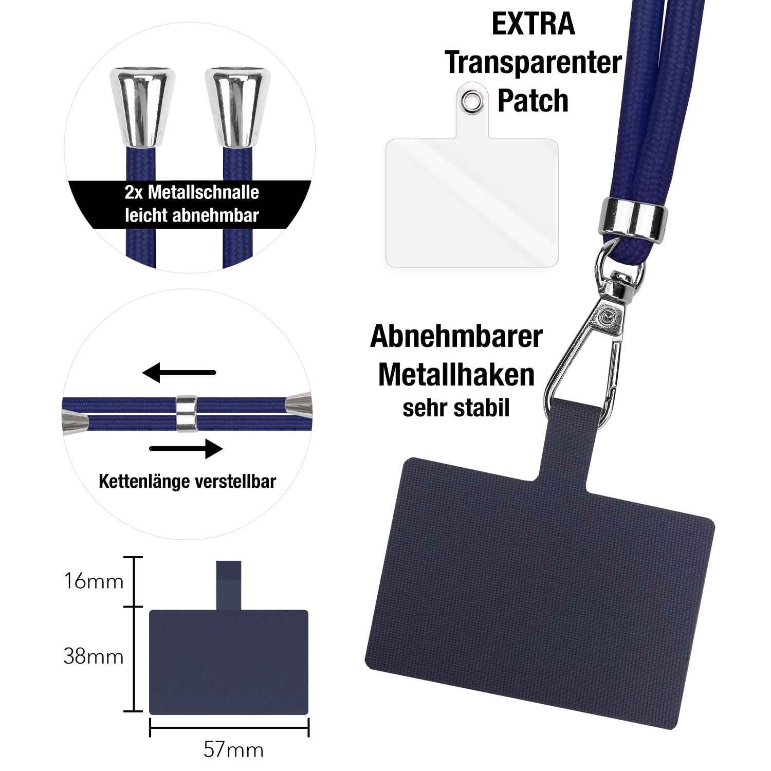 NALIA Universal-Kette mit Pad, Band für Handy-Hülle zum Umhängen, Karabinerhaken aus Metall (silber), Schlüsselband Umhängeband 160 CM, Crossbody Lanyard