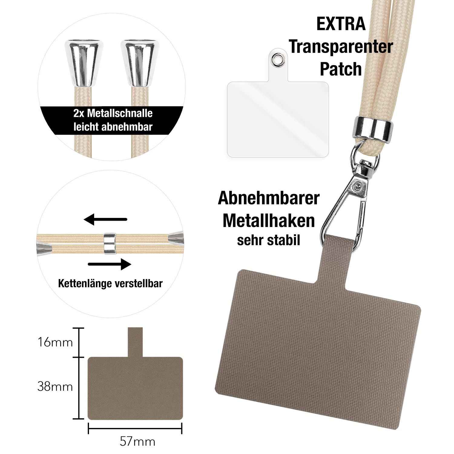 NALIA Universal-Kette mit Pad, Band für Handy-Hülle zum Umhängen, Karabinerhaken aus Metall (silber), Schlüsselband Umhängeband 160 CM, Crossbody Lanyard
