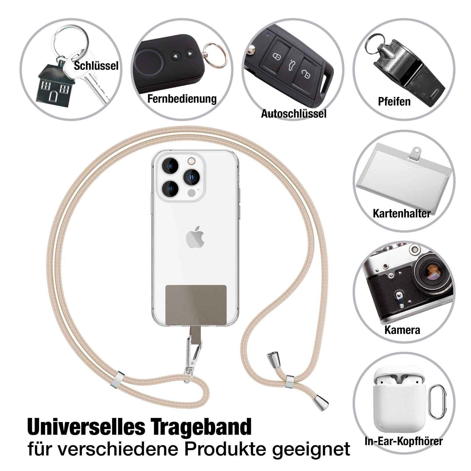 NALIA Universal-Kette mit Pad, Band für Handy-Hülle zum Umhängen, Karabinerhaken aus Metall (silber), Schlüsselband Umhängeband 160 CM, Crossbody Lanyard