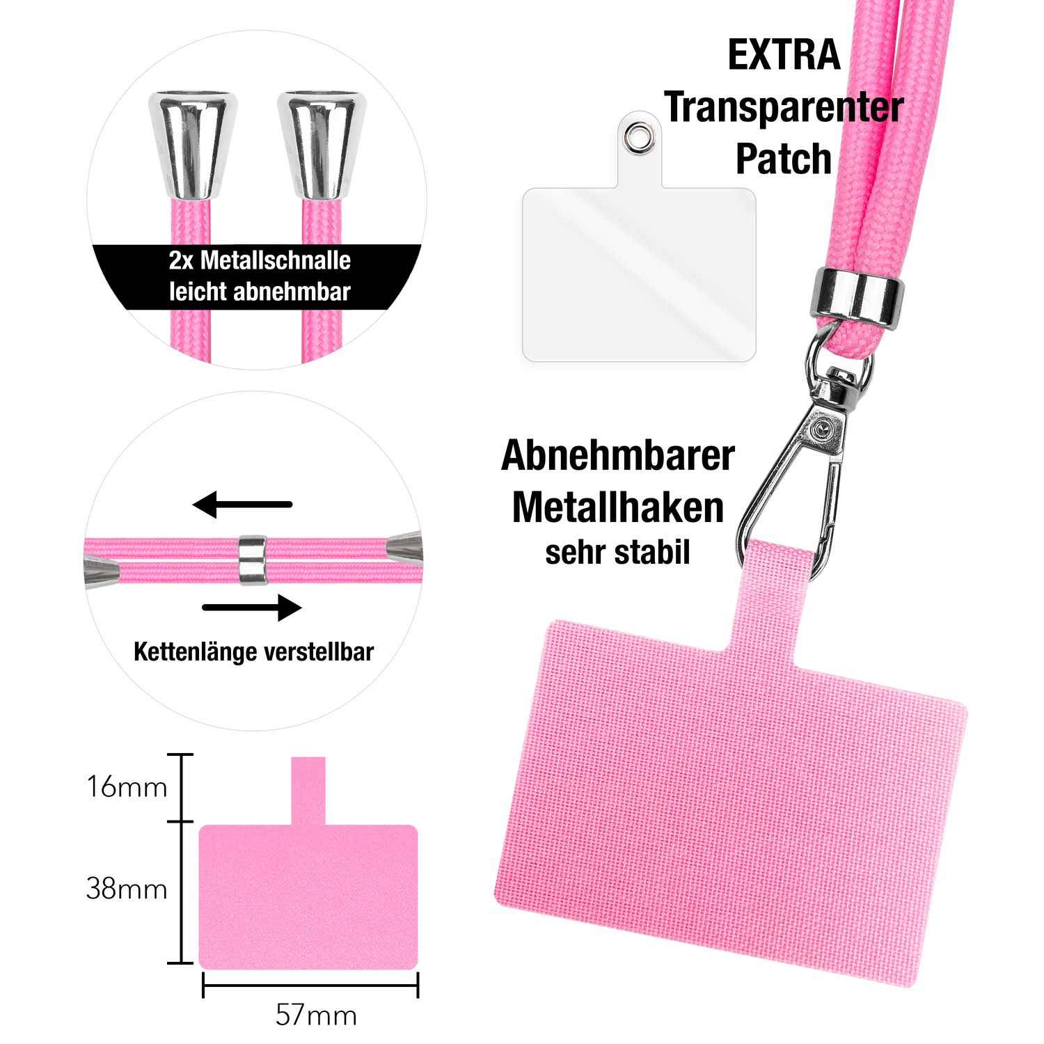 NALIA Universal-Kette mit Pad, Band für Handy-Hülle zum Umhängen, Karabinerhaken aus Metall (silber), Schlüsselband Umhängeband 160 CM, Crossbody Lanyard