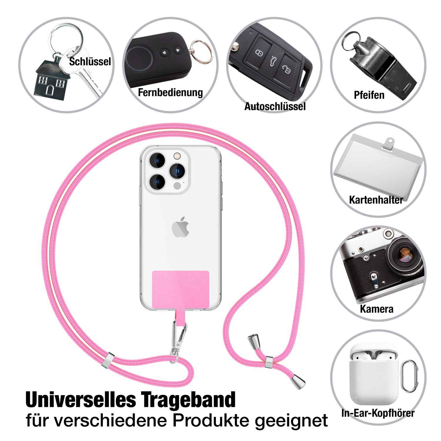 NALIA Universal-Kette mit Pad, Band für Handy-Hülle zum Umhängen, Karabinerhaken aus Metall (silber), Schlüsselband Umhängeband 160 CM, Crossbody Lanyard