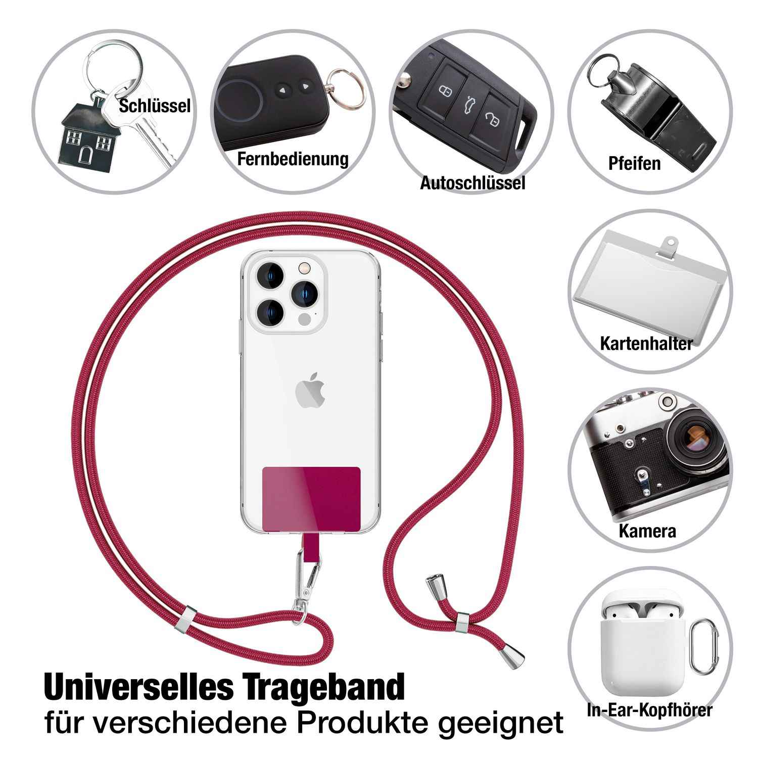 NALIA Universal-Kette mit Pad, Band für Handy-Hülle zum Umhängen, Karabinerhaken aus Metall (silber), Schlüsselband Umhängeband 160 CM, Crossbody Lanyard