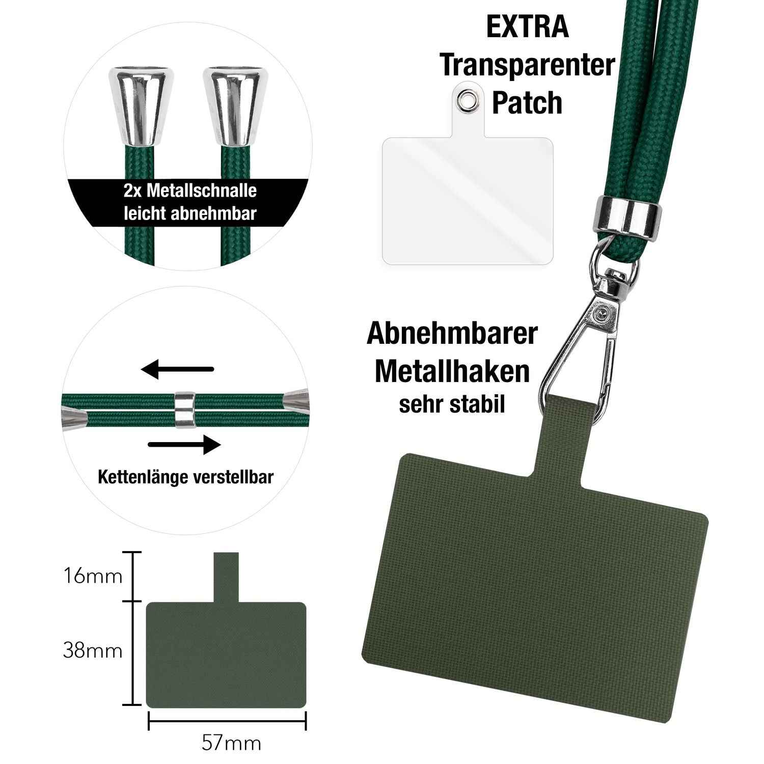 NALIA Universal-Kette mit Pad, Band für Handy-Hülle zum Umhängen, Karabinerhaken aus Metall (silber), Schlüsselband Umhängeband 160 CM, Crossbody Lanyard