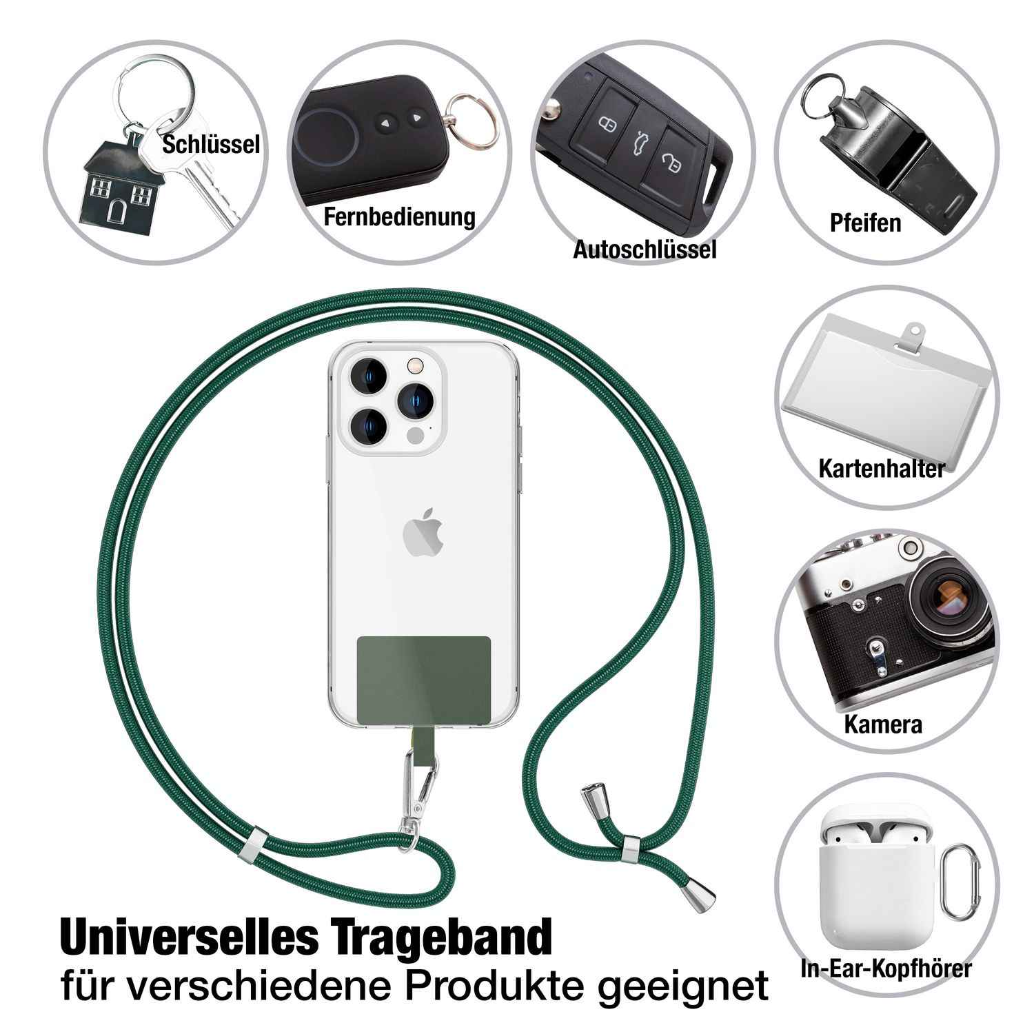 NALIA Universal-Kette mit Pad, Band für Handy-Hülle zum Umhängen, Karabinerhaken aus Metall (silber), Schlüsselband Umhängeband 160 CM, Crossbody Lanyard