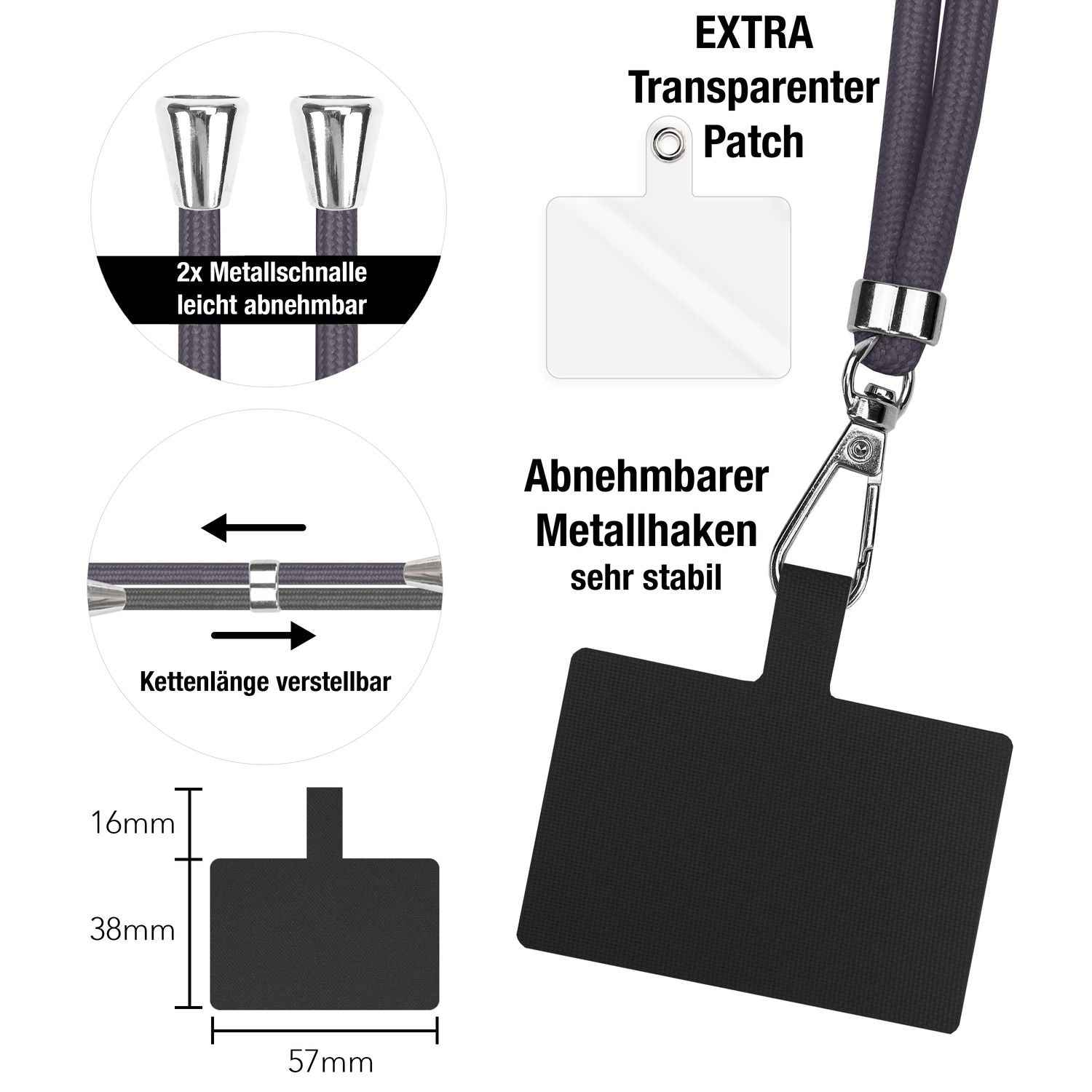 NALIA Universal-Kette mit Pad, Band für Handy-Hülle zum Umhängen, Karabinerhaken aus Metall (silber), Schlüsselband Umhängeband 160 CM, Crossbody Lanyard