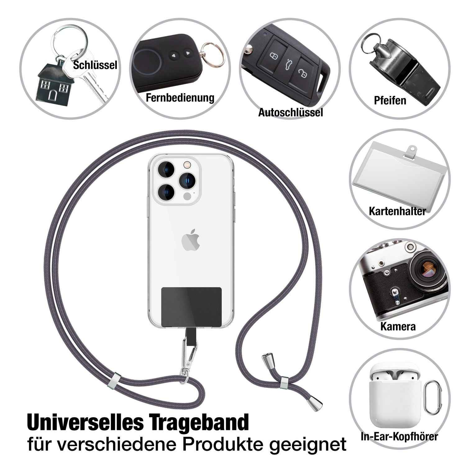 NALIA Universal-Kette mit Pad, Band für Handy-Hülle zum Umhängen, Karabinerhaken aus Metall (silber), Schlüsselband Umhängeband 160 CM, Crossbody Lanyard