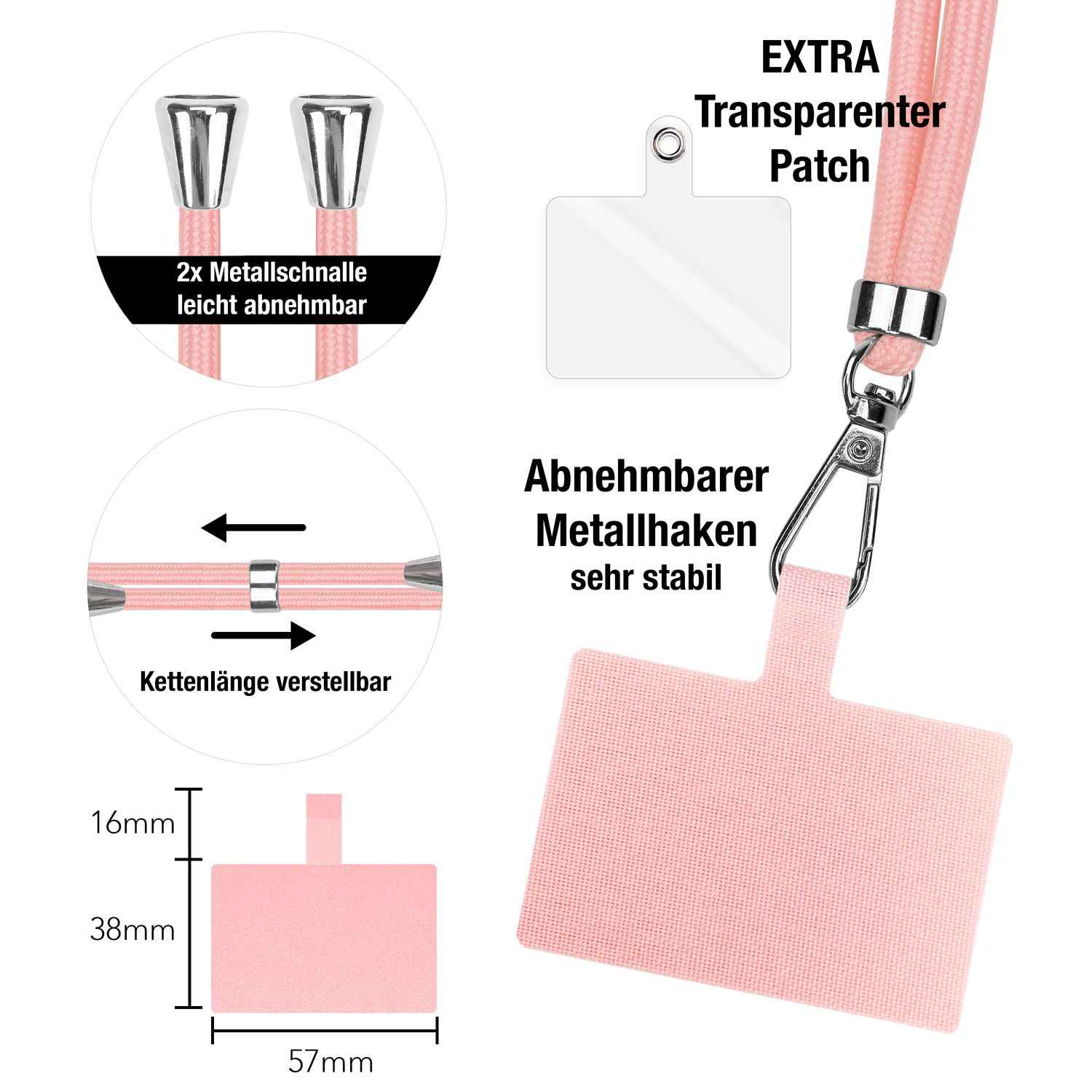 NALIA Universal-Kette mit Pad, Band für Handy-Hülle zum Umhängen, Karabinerhaken aus Metall (silber), Schlüsselband Umhängeband 160 CM, Crossbody Lanyard