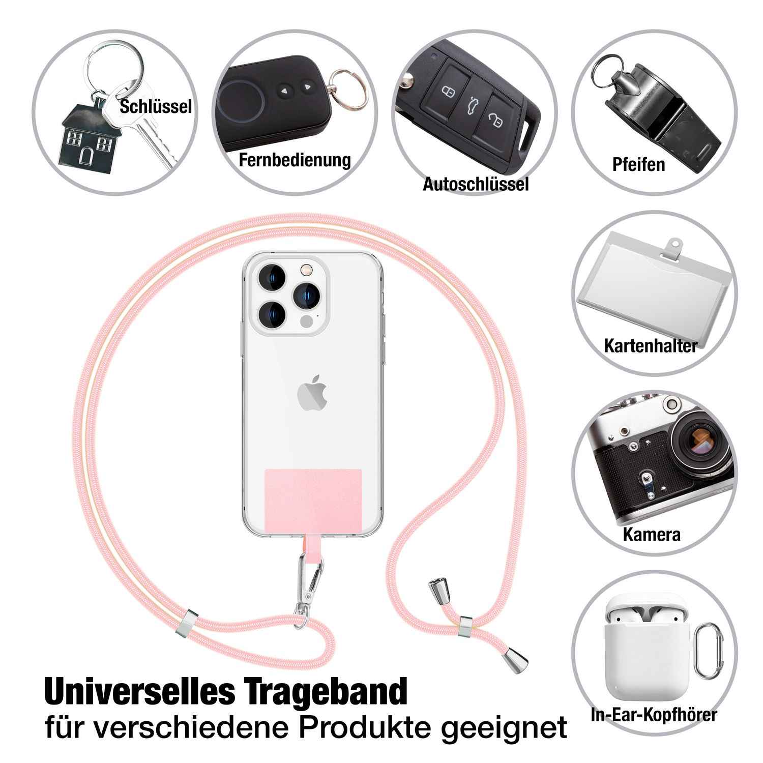 NALIA Universal-Kette mit Pad, Band für Handy-Hülle zum Umhängen, Karabinerhaken aus Metall (silber), Schlüsselband Umhängeband 160 CM, Crossbody Lanyard