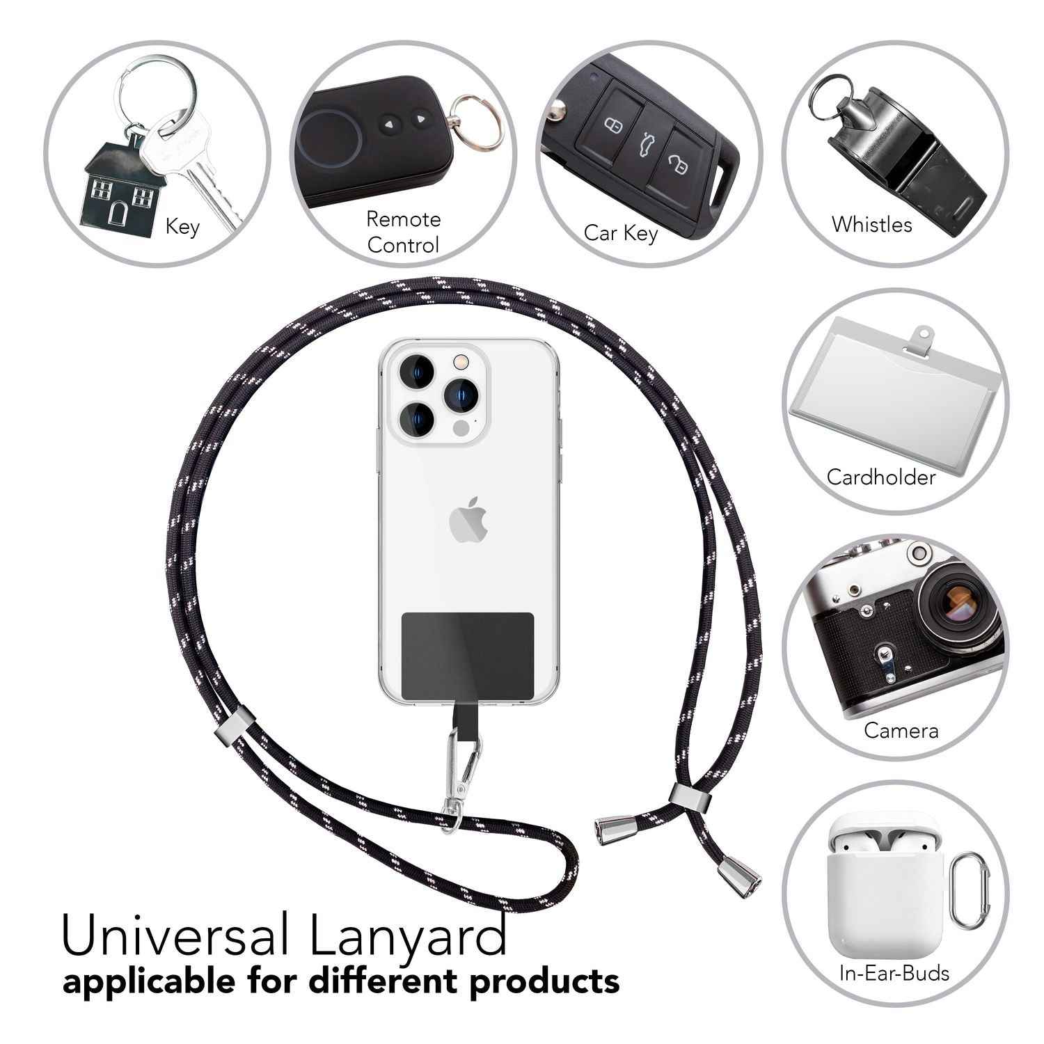 Universal Handykette zum Umhängen mit Pad & Karabiner-Haken für Smartphone Hülle