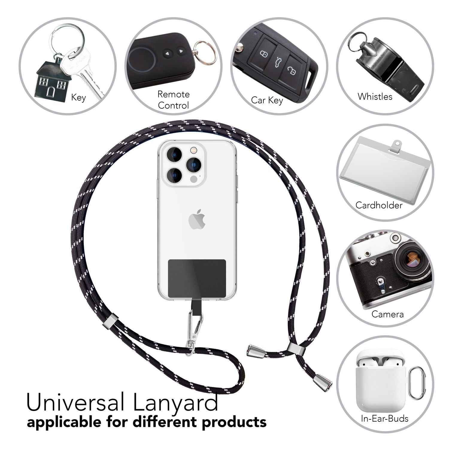 Universal Handykette zum Umhängen mit Pad & Karabiner-Haken für Smartphone Hülle