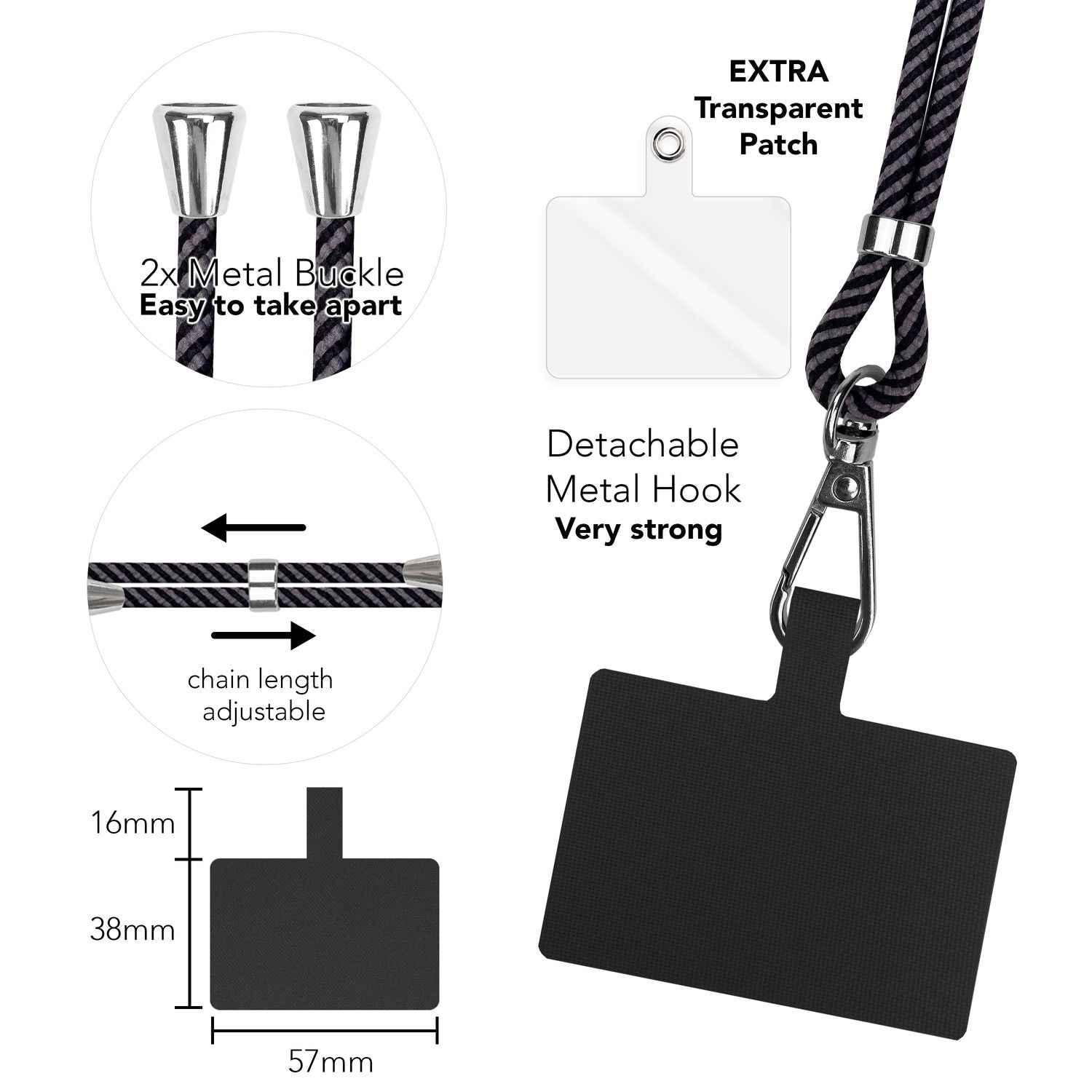 Universal Handykette zum Umhängen mit Pad & Karabiner-Haken für Smartphone Hülle