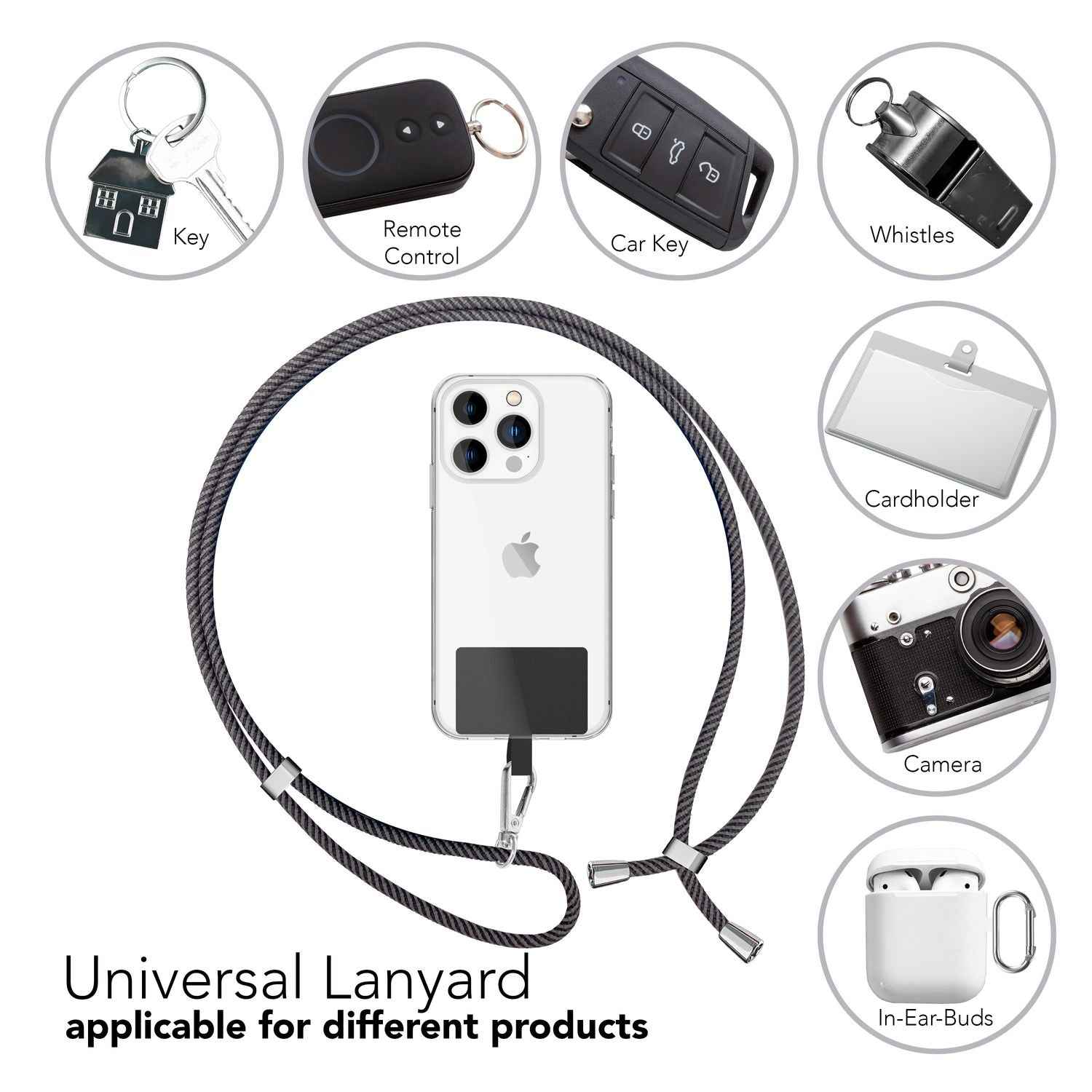 Universal Handykette zum Umhängen mit Pad & Karabiner-Haken für Smartphone Hülle