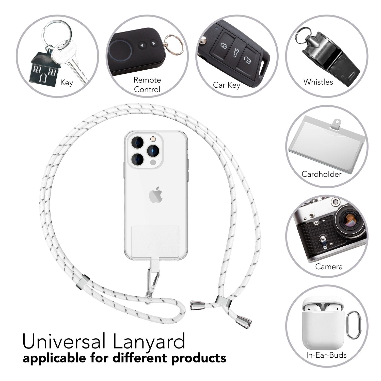 Handykette zum Umhängen mit Karabiner-Haken für Smartphone Hülle weiß