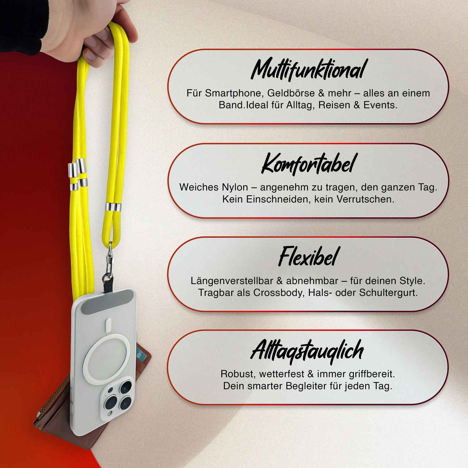NALIA HoldMe Universal Handykette für Smartphone & Handyhüllen, Nylon-Seil Verstellbar & Abnehmbar, Umhänge-Band, Handyband, Lanyard mit Karabiner & 2 Patches