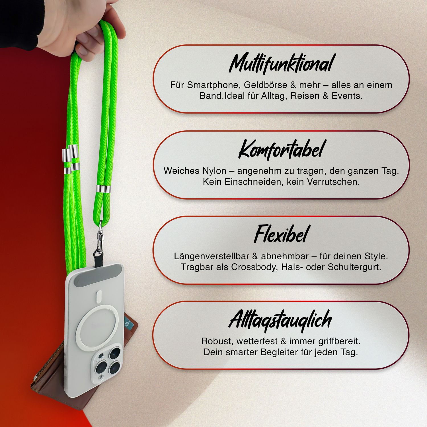 Handykette Nylon verstellbar 100 cm mit Karabiner und Patches | NALIA Berlin