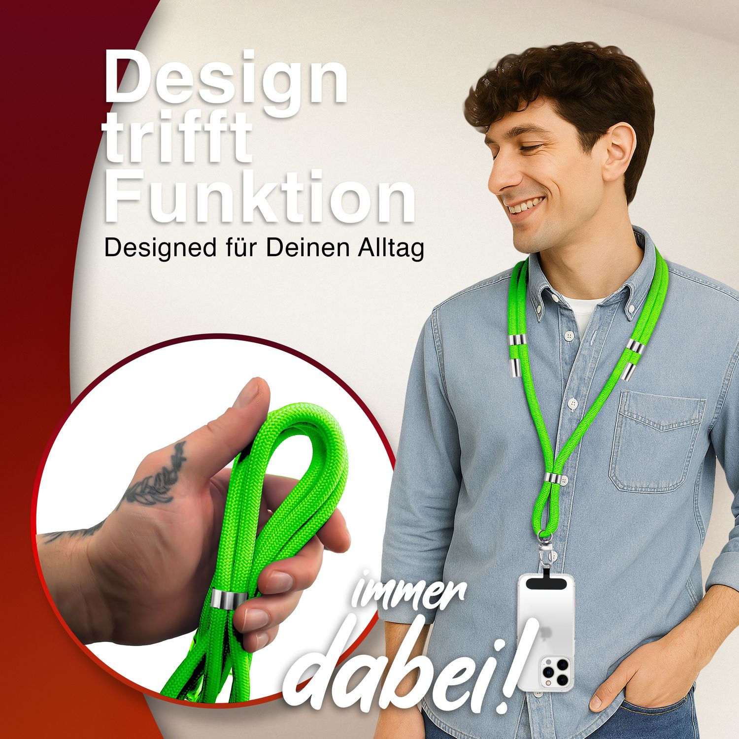 Handykette Nylon verstellbar 100 cm mit Karabiner und Patches | NALIA Berlin