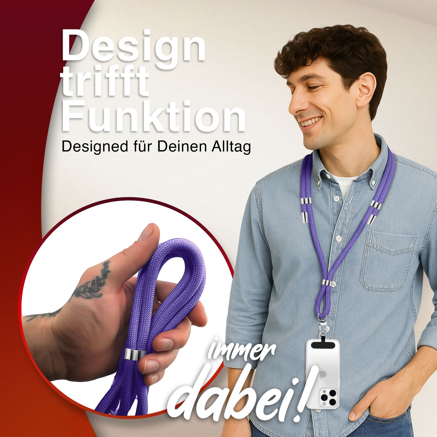 Handykette Nylon verstellbar 100 cm mit Karabiner und Patches | NALIA Berlin