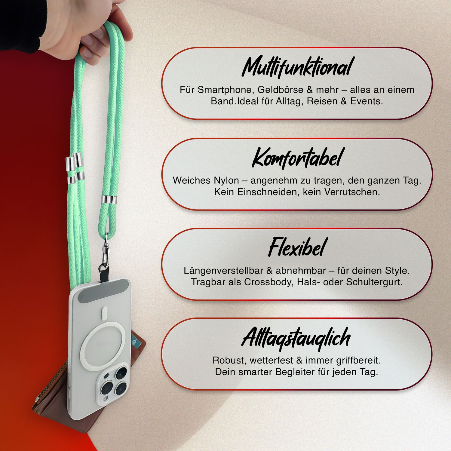 Handykette Nylon verstellbar 100 cm mit Karabiner und Patches | NALIA Berlin