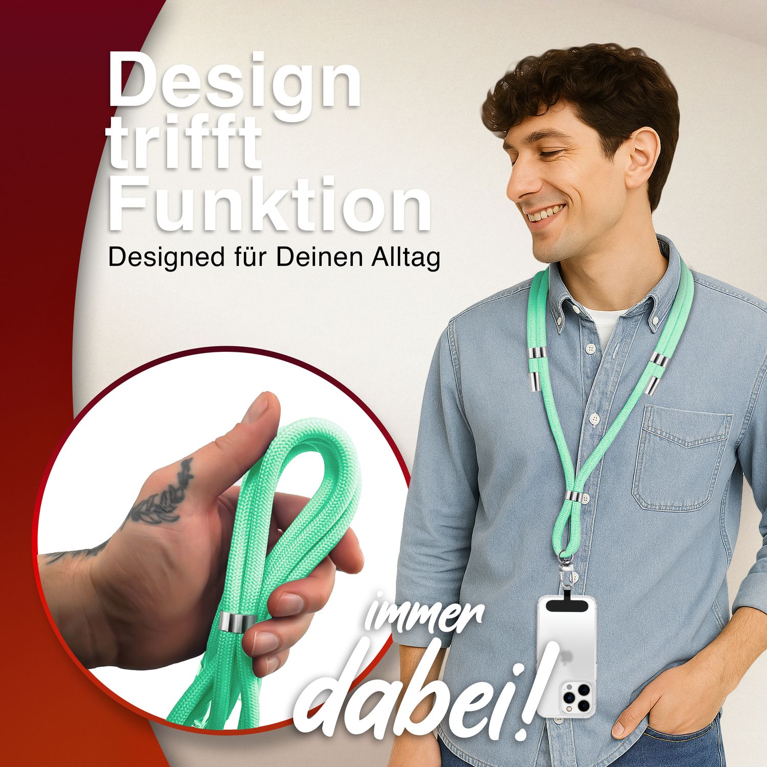 Handykette Nylon verstellbar 100 cm mit Karabiner und Patches | NALIA Berlin