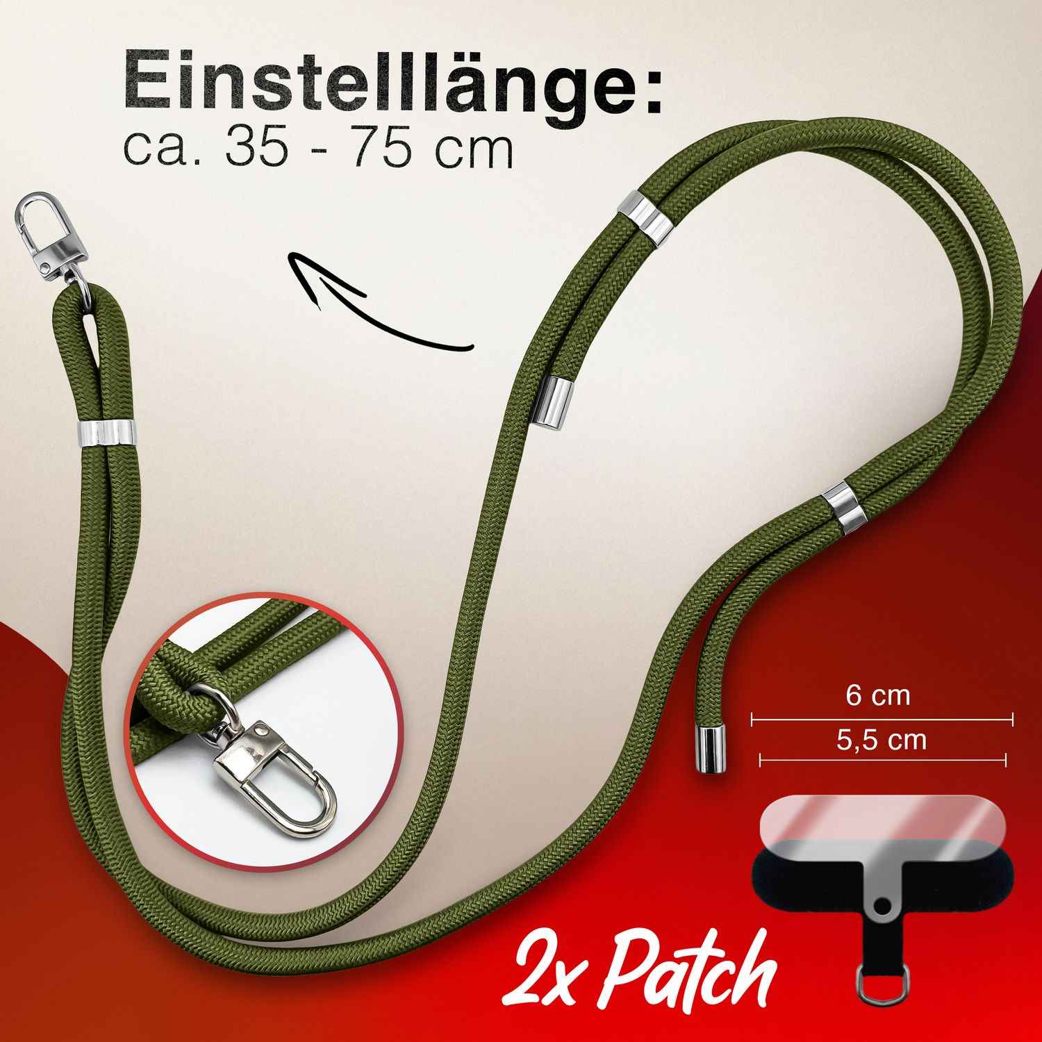 NALIA HoldMe Universal Handykette für Smartphone & Handyhüllen, Nylon-Seil Verstellbar & Abnehmbar, Umhänge-Band, Handyband, Lanyard mit Karabiner & 2 Patches
