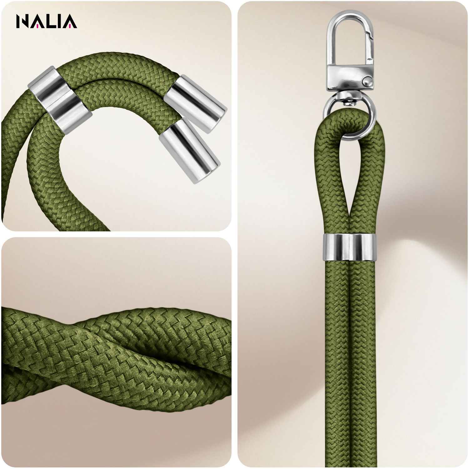 NALIA HoldMe Universal Handykette für Smartphone & Handyhüllen, Nylon-Seil Verstellbar & Abnehmbar, Umhänge-Band, Handyband, Lanyard mit Karabiner & 2 Patches