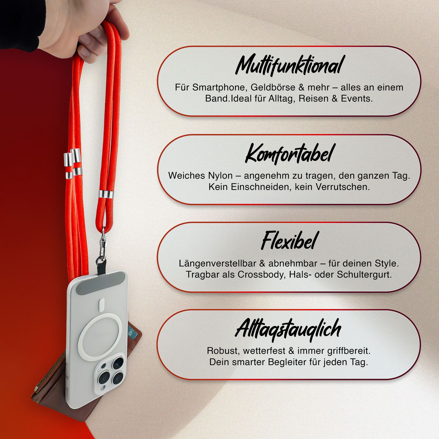 Handykette Nylon verstellbar 100 cm mit Karabiner und Patches | NALIA Berlin