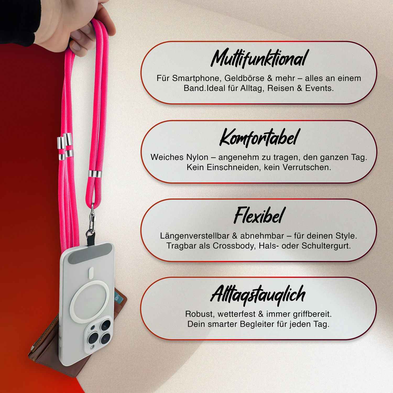 NALIA HoldMe Universal Handykette für Smartphone & Handyhüllen, Nylon-Seil Verstellbar & Abnehmbar, Umhänge-Band, Handyband, Lanyard mit Karabiner & 2 Patches
