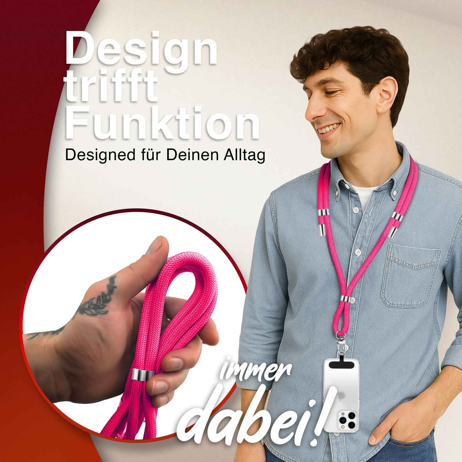 NALIA HoldMe Universal Handykette für Smartphone & Handyhüllen, Nylon-Seil Verstellbar & Abnehmbar, Umhänge-Band, Handyband, Lanyard mit Karabiner & 2 Patches