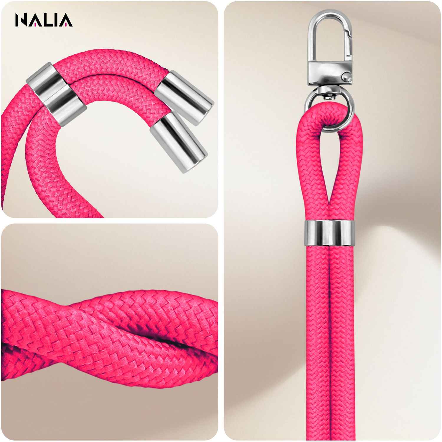 NALIA HoldMe Universal Handykette für Smartphone & Handyhüllen, Nylon-Seil Verstellbar & Abnehmbar, Umhänge-Band, Handyband, Lanyard mit Karabiner & 2 Patches