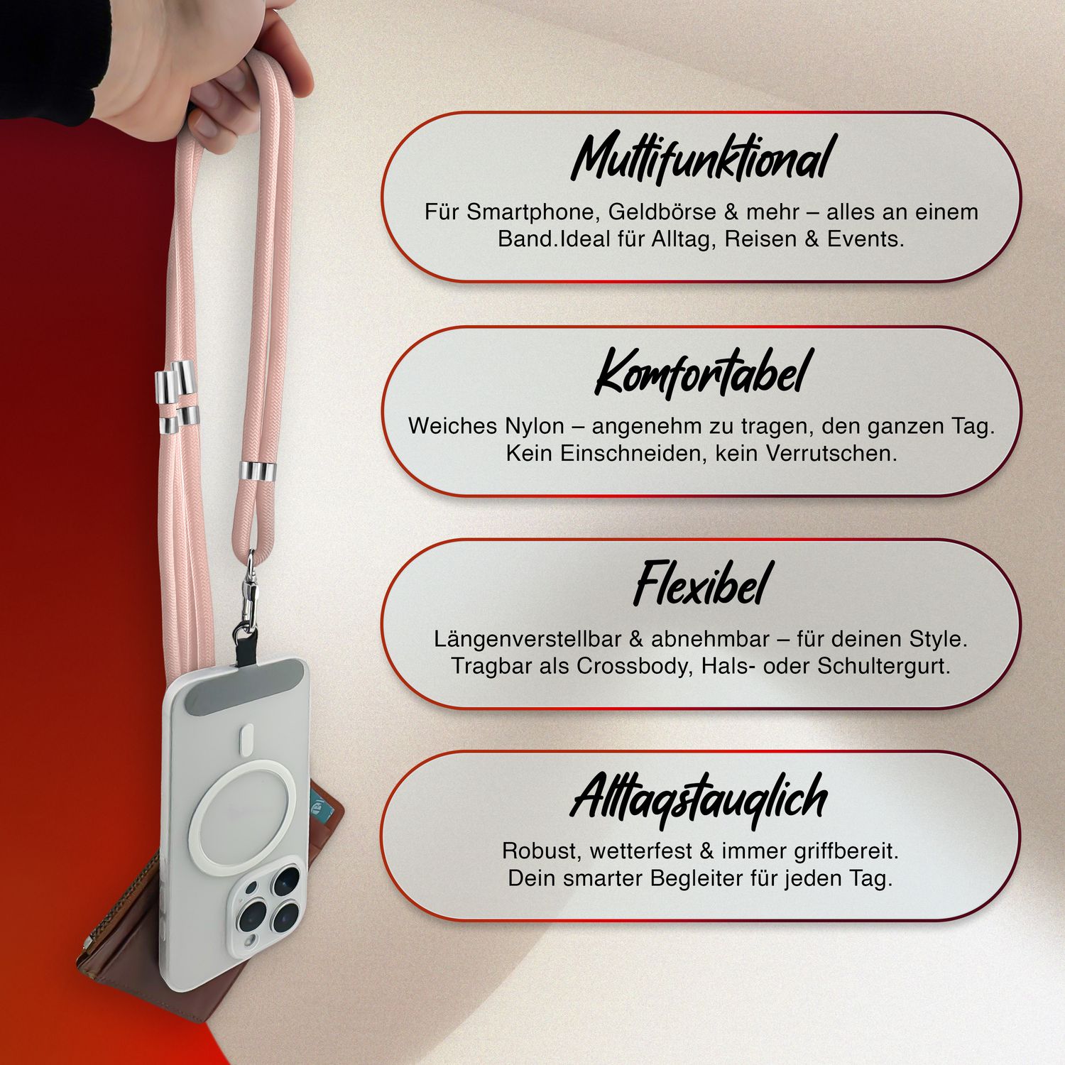 Handykette Nylon verstellbar 100 cm mit Karabiner und Patches | NALIA Berlin