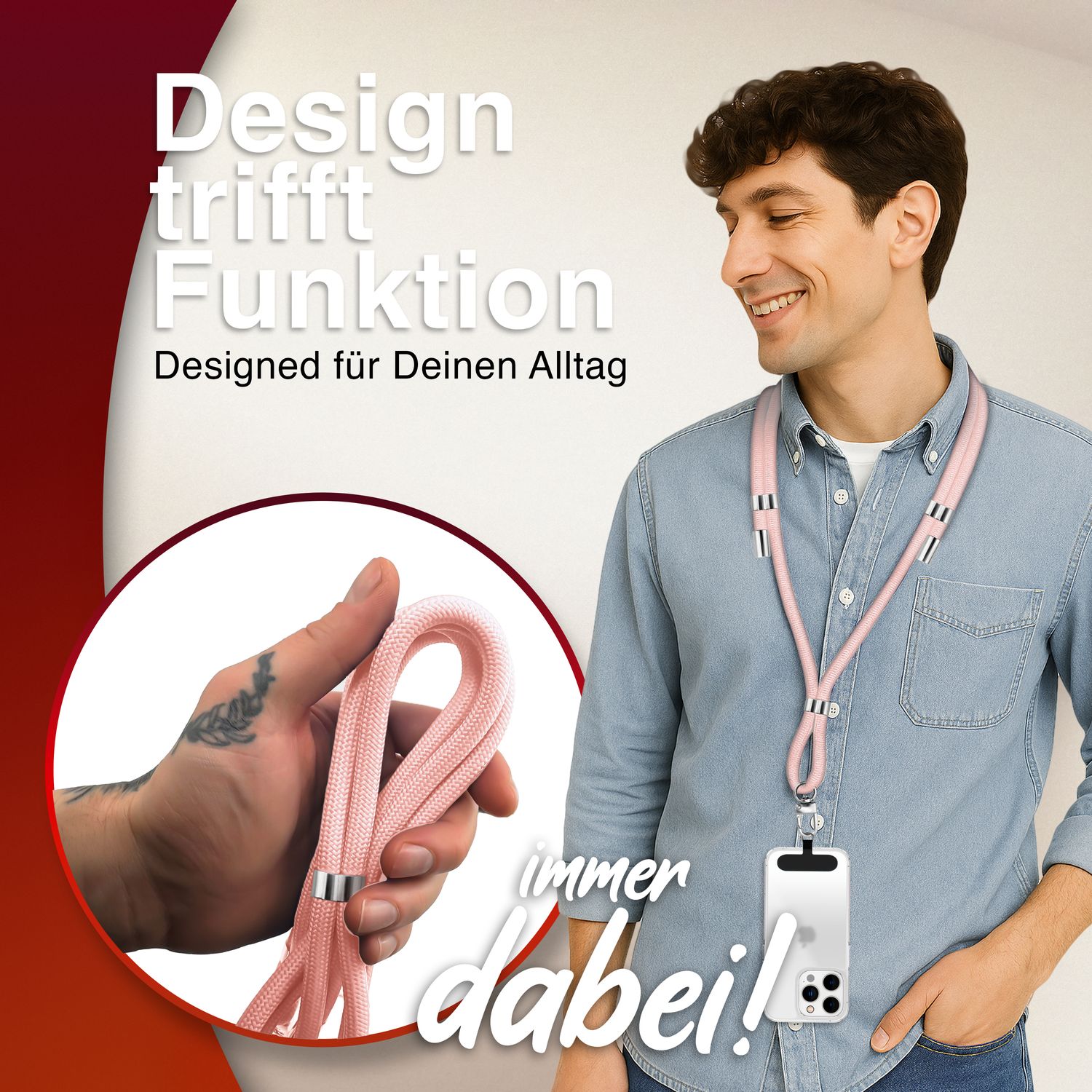 Handykette Nylon verstellbar 100 cm mit Karabiner und Patches | NALIA Berlin
