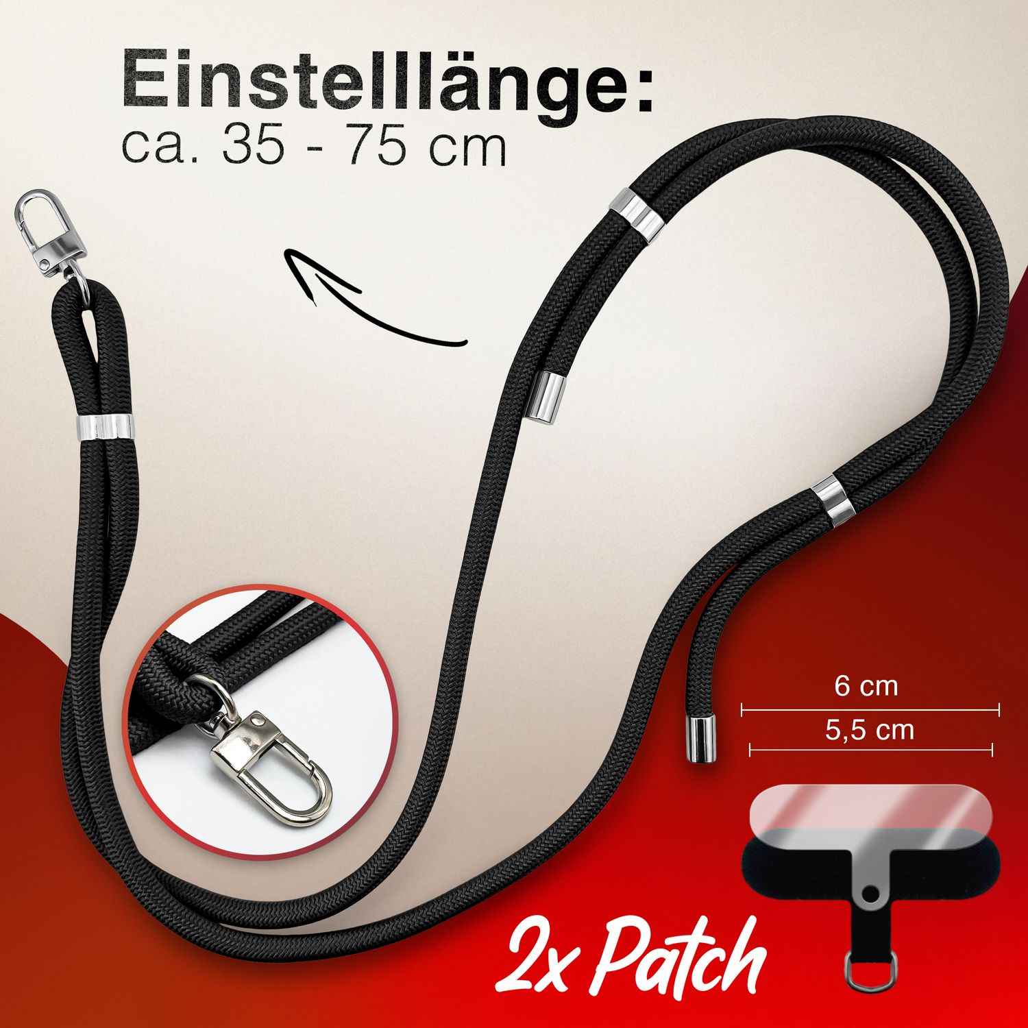 NALIA HoldMe Universal Handykette für Smartphone & Handyhüllen, Nylon-Seil Verstellbar & Abnehmbar, Umhänge-Band, Handyband, Lanyard mit Karabiner & 2 Patches