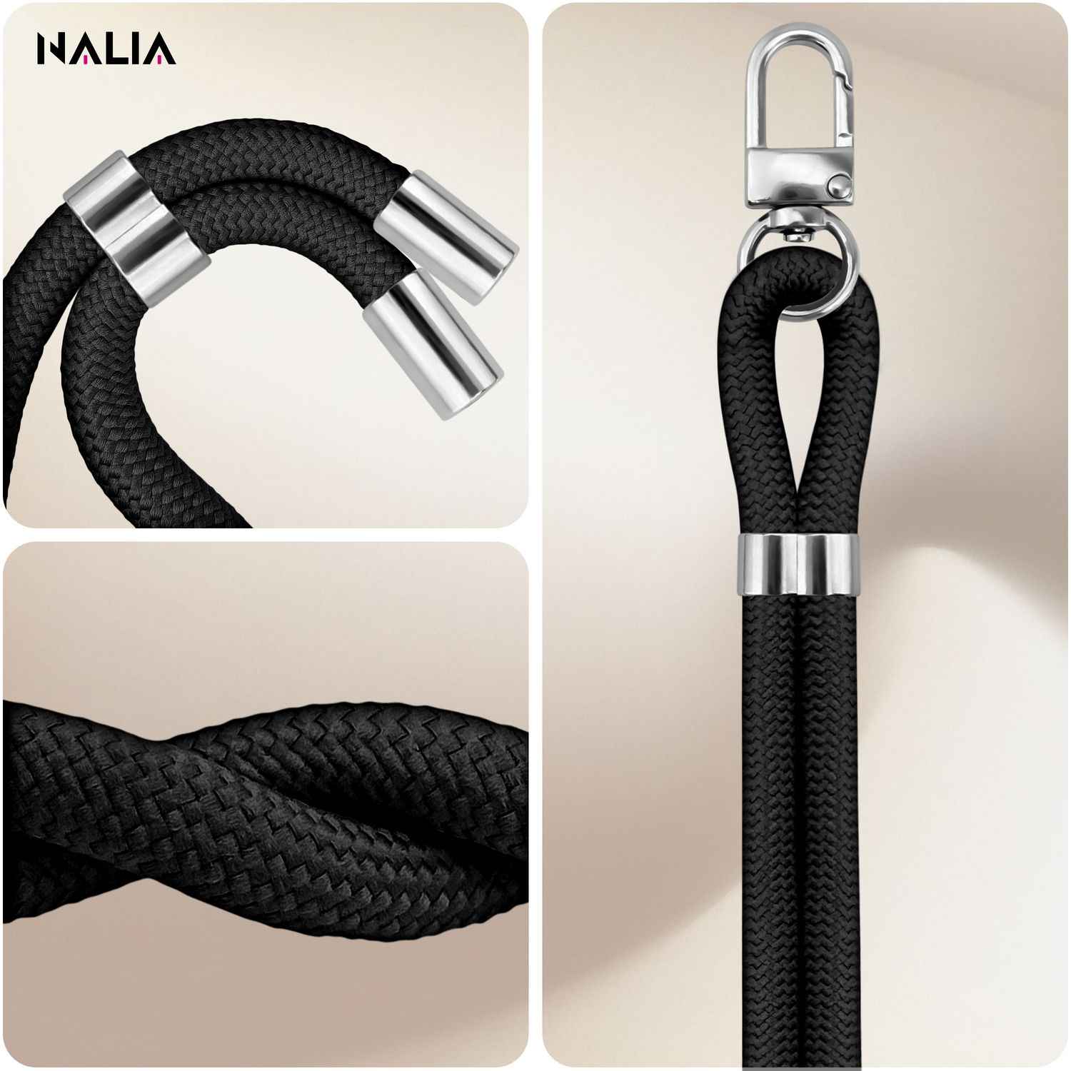 NALIA HoldMe Universal Handykette für Smartphone & Handyhüllen, Nylon-Seil Verstellbar & Abnehmbar, Umhänge-Band, Handyband, Lanyard mit Karabiner & 2 Patches