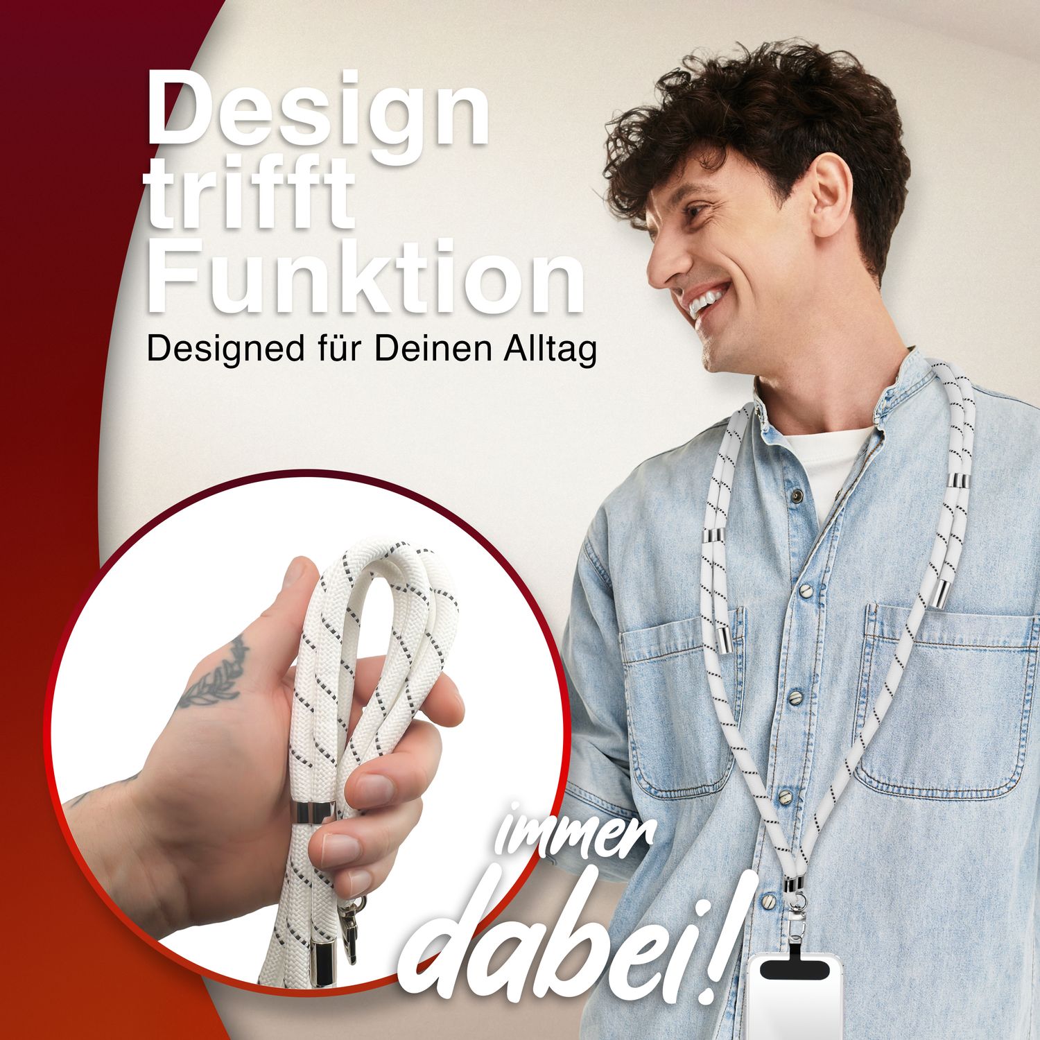 Handykette Nylon verstellbar 100 cm mit Karabiner und Patches | NALIA Berlin