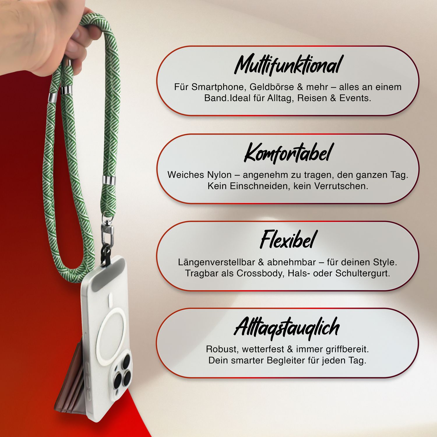 Handykette Nylon verstellbar 100 cm mit Karabiner und Patches | NALIA Berlin