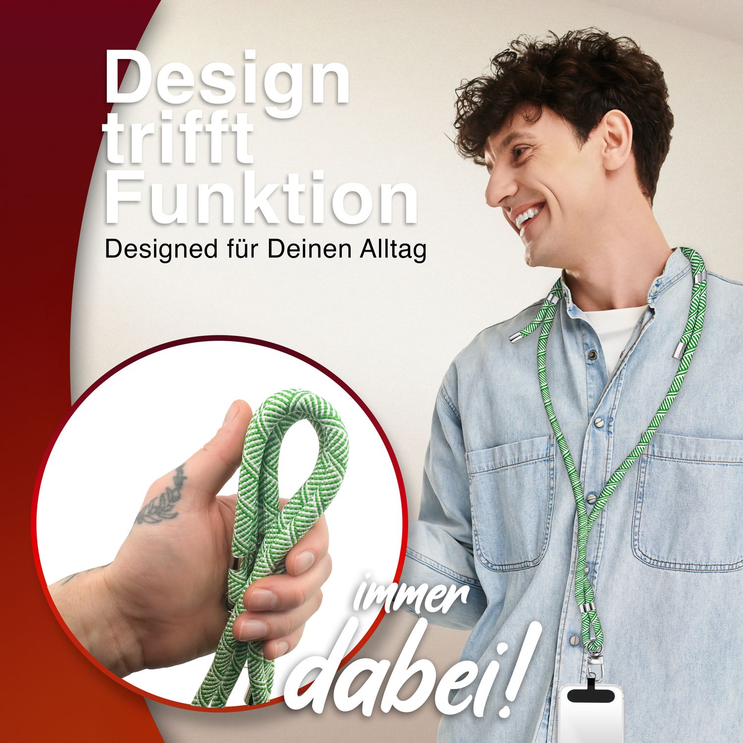 Handykette Nylon verstellbar 100 cm mit Karabiner und Patches | NALIA Berlin