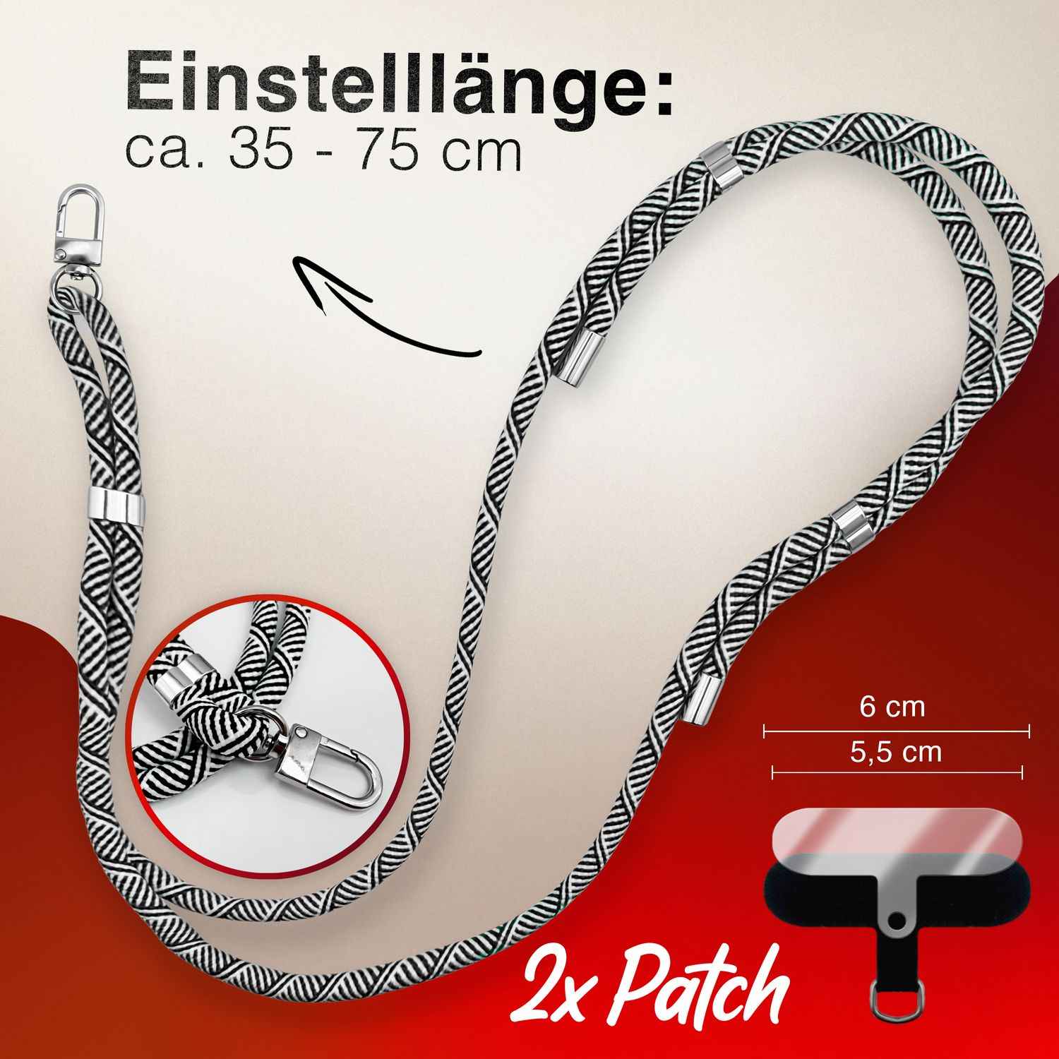NALIA HoldMe Universal Handykette für Smartphone & Handyhüllen, Nylon-Seil Verstellbar & Abnehmbar, Umhänge-Band, Handyband, Lanyard mit Karabiner & 2 Patches