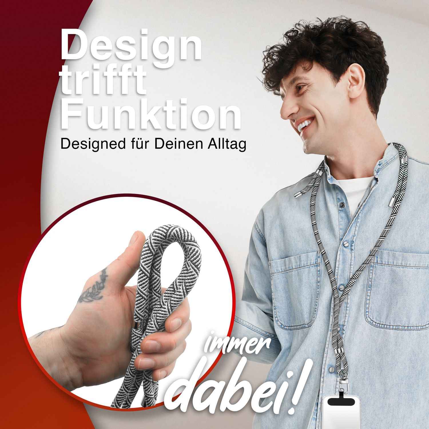 NALIA HoldMe Universal Handykette für Smartphone & Handyhüllen, Nylon-Seil Verstellbar & Abnehmbar, Umhänge-Band, Handyband, Lanyard mit Karabiner & 2 Patches