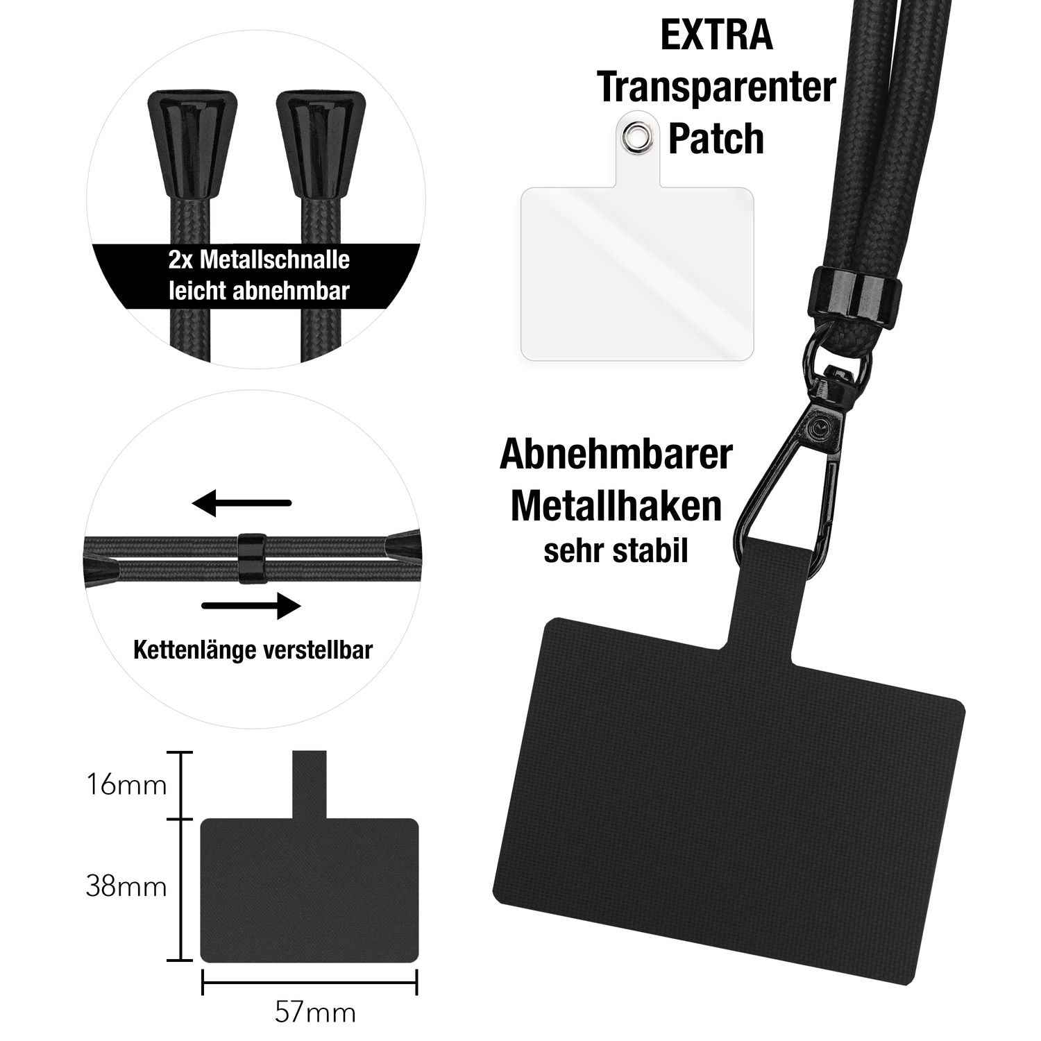 NALIA Universal-Kette mit Pad, Band für Handy-Hülle zum Umhängen, Karabinerhaken aus Metall (matt schwarz), Schlüsselband Umhängeband 160 CM, Crossbody Lanyard