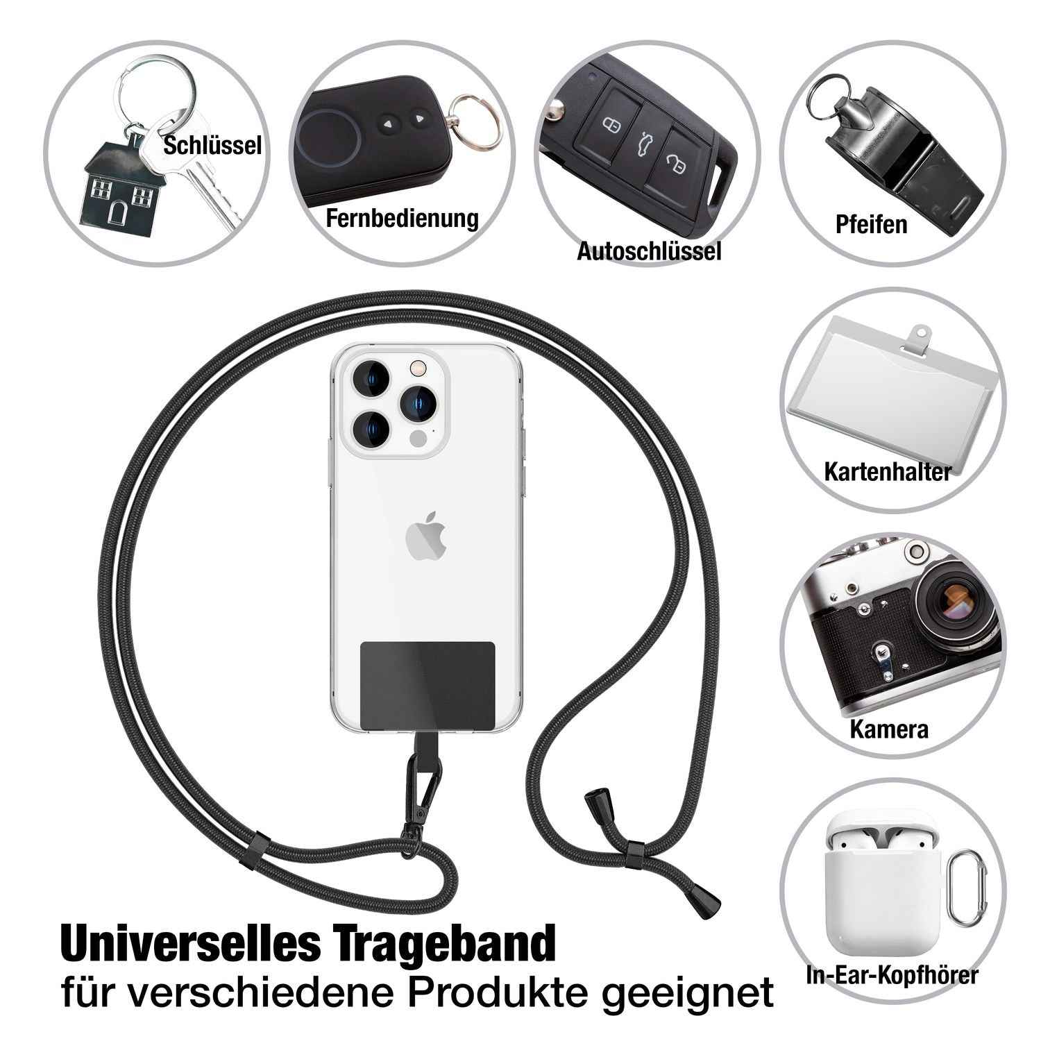 NALIA Universal-Kette mit Pad, Band für Handy-Hülle zum Umhängen, Karabinerhaken aus Metall (matt schwarz), Schlüsselband Umhängeband 160 CM, Crossbody Lanyard