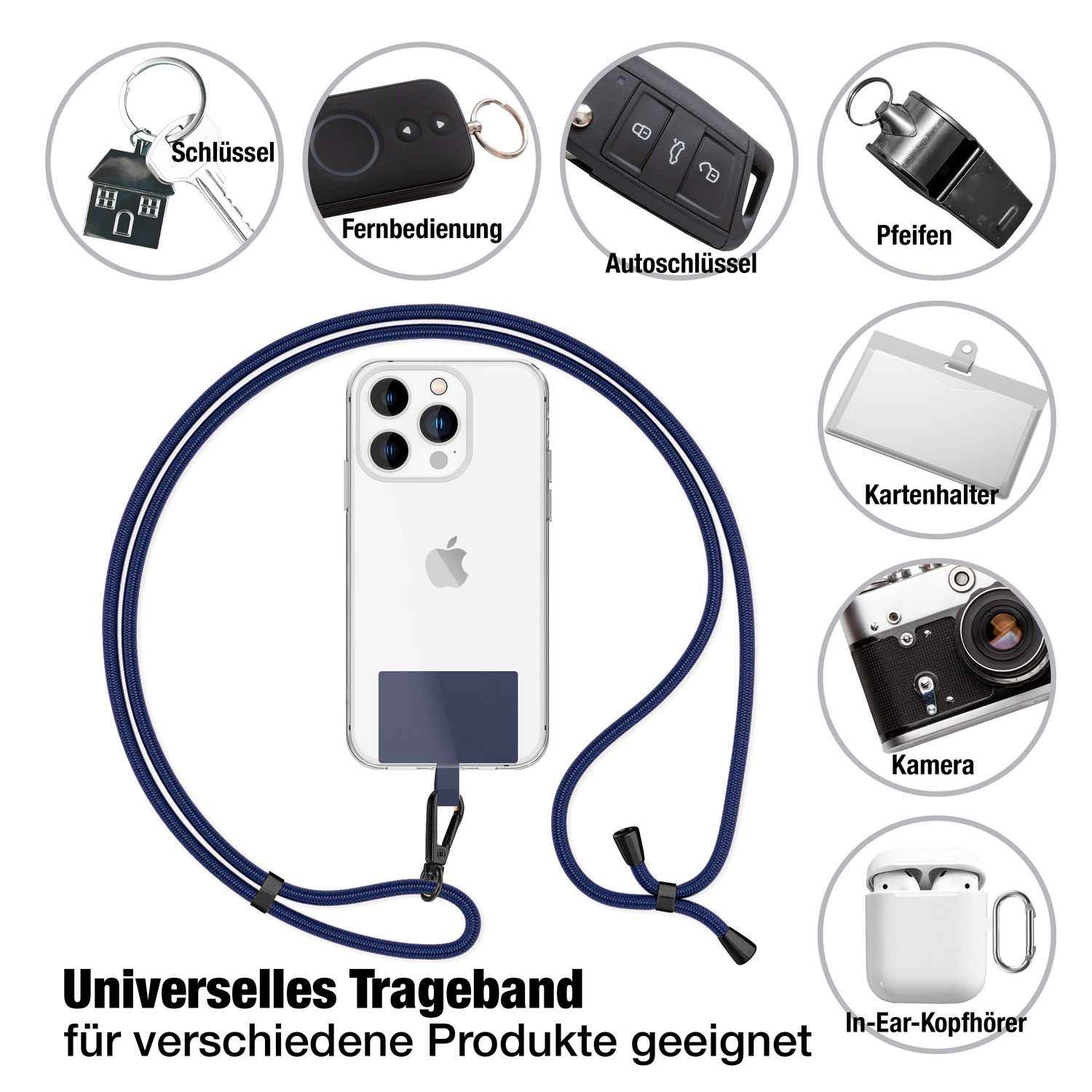 NALIA Universal-Kette mit Pad, Band für Handy-Hülle zum Umhängen, Karabinerhaken aus Metall (matt schwarz), Schlüsselband Umhängeband 160 CM, Crossbody Lanyard