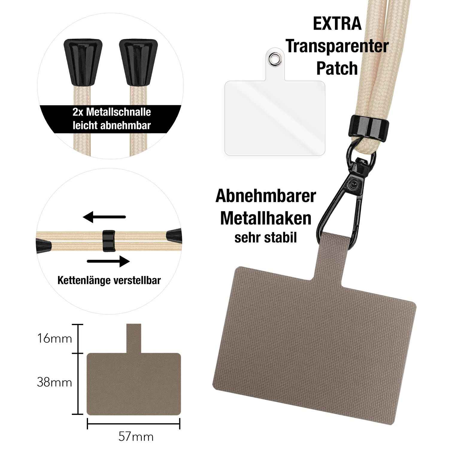 NALIA Universal-Kette mit Pad, Band für Handy-Hülle zum Umhängen, Karabinerhaken aus Metall (matt schwarz), Schlüsselband Umhängeband 160 CM, Crossbody Lanyard